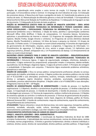ESTUDE COM AS VÍDEO-AULAS DO CONCURSO VIRTUAL
Relações de subordinação entre orações e entre termos da oração. 5.3 Emprego dos sinais de
pontuação. 5.4 Concordância verbal e nominal. 5.5 Emprego do sinal indicativo de crase. 5.6 Colocação
dos pronomes átonos. 6 Reescritura de frases e parágrafos do texto. 6.1 Substituição de palavras ou de
trechos de texto. 6.2 Retextualização de diferentes gêneros e níveis de formalidade. 7 Correspondência
oficial (conforme Manual de Redação da Presidência da República). 7.1 Adequação da linguagem ao tipo
de documento. 7.2 Adequação do formato do texto ao gênero.
NOÇÕES DE INFORMÁTICA (EXCETO PARA OS CARGOS DE ANALISTA JUDICIÁRIO – ÁREA: APOIO
ESPECIALIZADO – ESPECIALIDADE: TECNOLOGIA DA INFORMAÇÃO E TÉCNICO JUDICIÁRIO –ÁREA:
APOIO ESPECIALIZADO – ESPECIALIDADE: TECNOLOGIA DA INFORMAÇÃO): 1 Noções de sistema
operacional (ambientes Linux e Windows). 2 Edição de textos, planilhas e apresentações (ambientes
Microsoft Office 2010, BrOffice). 3 Redes de computadores. 3.1 Conceitos básicos, ferramentas,
aplicativos e procedimentos de Internet e intranet. 3.2 Programas de navegação (Microsoft Internet
Explorer, Mozilla Firefox, Google Chrome e similares). 3.3 Programas de correio eletrônico (Outlook
Express, Mozilla Thunderbird e similares). 3.4 Sítios de busca e pesquisa na Internet. 3.5 Grupos de
discussão. 3.6 Redes sociais. 3.7 Computação na nuvem (cloud computing). 4 Conceitos de organização e
de gerenciamento de informações, arquivos, pastas e programas. 5 Segurança da informação. 5.1
Procedimentos de segurança. 5.2 Noções de vírus, worms e pragas virtuais. 5.3 Aplicativos para
segurança (antivírus, firewall, antispyware etc.). 5.4 Procedimentos de backup. 5.5 Armazenamento de
dados na nuvem (cloud storage).
RACIOCÍNIO LÓGICO (SOMENTE PARA O CARGO DE ANALISTA JUDICIÁRIO – ÁREA/ESPECIALIDADE:
TECNOLOGIA DA INFORMAÇÃO E TÉCNICO JUDICIÁRIO – ÁREA/ESPECIALIDADE: TECNOLOGIA DA
INFORMAÇÃO): 1 Estruturas lógicas. 2 Lógica de argumentação: analogias, inferências, deduções e
conclusões. 3 Lógica sentencial (ou proposicional): proposições simples e compostas; tabelas-verdade;
equivalências; leis De Morgan; diagramas lógicos. 4 Lógica de primeira ordem. 5 Princípios de contagem
e probabilidade. 6 Operações com conjuntos. 7 Raciocínio lógico envolvendo problemas aritméticos,
geométricos e matriciais .
NOÇÕES DE LEGISLAÇÃO: 1 Ética no serviço público: comportamento profissional; atitudes no serviço;
organização do trabalho; prioridade em serviço. 2 Regime jurídico dos servidores públicos civis da União
(Lei nº 8.112/1990 e suas alterações): provimento, vacância, remoção, redistribuição e substituição;
direitos e vantagens; regime disciplinar: deveres, proibições, acumulação, responsabilidades,
penalidades, processo administrativo disciplinar. 3 Noções sobre a Lei nº 8.666/1993 e suas alterações.
4 Regimento Interno do TRT – 10ª Região.
NOÇÕES DE ADMINISTRAÇÃO: NOÇÕES DE ADMINISTRAÇÃO: 1 Gestão de pessoas. 1.1 Equilíbrio
organizacional. 1.2 Objetivos, desafios e características da gestão de pessoas. 1.3 Análise e descrição de
cargos. 1.4 Capacitação de pessoas. 1.5 Gestão de desempenho. 2 Gestão de processos. 2.1 Conceitos
da abordagem por processos. 2.2 Técnicas de mapeamento, análise e melhoria de processos. 2.3 Noções
de estatística aplicada ao controle e à melhoria de processos. 3 Técnicas de gerenciamento de projetos.
4 Ferramentas de planejamento estratégico: matriz Swot, diagrama de Ishikawa, gráfico de Pareto,
Balanced Scorecard BSC. 5 Gestão do conhecimento: mapa do conhecimento, espiral do conhecimento,
compartilhamento do conhecimento.
ATUALIDADES: Tópicos relevantes e atuais de diversas áreas, tais como segurança, transportes, política,
economia, sociedade, educação, saúde, cultura, tecnologia, energia, relações internacionais,
desenvolvimento sustentável e ecologia, suas inter-relações e suas vinculações históricas.
CONHECIMENTOS ESPECÍFICOS PARA OS CARGOS DE ANALISTA JUDICIÁRIO
CARGO 1: ANALISTA JUDICIÁRIO – ÁREA: ADMINISTRATIVA
NOÇÕES DE DIREITO CONSTITUCIONAL: 1 Constituição da República Federativa do Brasil de 1988:
princípios fundamentais. 2 Aplicabilidade das normas constitucionais: normas de eficácia plena, contida
e limitada; normas programáticas. 3 Direitos e garantias fundamentais: direitos e deveres individuais e
coletivos; direitos sociais; direitos de nacionalidade; direitos políticos; partidos políticos. 4 Organização
                                                                                                          18
 