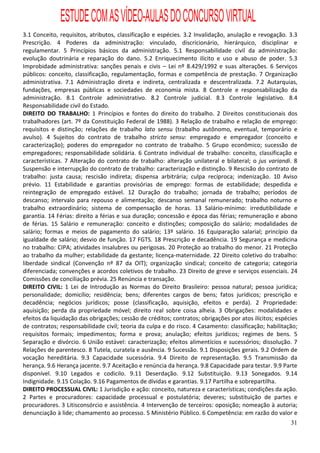 ESTUDE COM AS VÍDEO-AULAS DO CONCURSO VIRTUAL
3.1 Conceito, requisitos, atributos, classificação e espécies. 3.2 Invalidação, anulação e revogação. 3.3
Prescrição. 4 Poderes da administração: vinculado, discricionário, hierárquico, disciplinar e
regulamentar. 5 Princípios básicos da administração. 5.1 Responsabilidade civil da administração:
evolução doutrinária e reparação do dano. 5.2 Enriquecimento ilícito e uso e abuso de poder. 5.3
Improbidade administrativa: sanções penais e civis – Lei nº 8.429/1992 e suas alterações. 6 Serviços
públicos: conceito, classificação, regulamentação, formas e competência de prestação. 7 Organização
administrativa. 7.1 Administração direta e indireta, centralizada e descentralizada. 7.2 Autarquias,
fundações, empresas públicas e sociedades de economia mista. 8 Controle e responsabilização da
administração. 8.1 Controle administrativo. 8.2 Controle judicial. 8.3 Controle legislativo. 8.4
Responsabilidade civil do Estado.
DIREITO DO TRABALHO: 1 Princípios e fontes do direito do trabalho. 2 Direitos constitucionais dos
trabalhadores (art. 7º da Constituição Federal de 1988). 3 Relação de trabalho e relação de emprego:
requisitos e distinção; relações de trabalho lato sensu (trabalho autônomo, eventual, temporário e
avulso). 4 Sujeitos do contrato de trabalho stricto sensu: empregado e empregador (conceito e
caracterização); poderes do empregador no contrato de trabalho. 5 Grupo econômico; sucessão de
empregadores; responsabilidade solidária. 6 Contrato individual de trabalho: conceito, classificação e
características. 7 Alteração do contrato de trabalho: alteração unilateral e bilateral; o jus variandi. 8
Suspensão e interrupção do contrato de trabalho: caracterização e distinção. 9 Rescisão do contrato de
trabalho: justa causa; rescisão indireta; dispensa arbitrária; culpa recíproca; indenização. 10 Aviso
prévio. 11 Estabilidade e garantias provisórias de emprego: formas de estabilidade; despedida e
reintegração de empregado estável. 12 Duração do trabalho; jornada de trabalho; períodos de
descanso; intervalo para repouso e alimentação; descanso semanal remunerado; trabalho noturno e
trabalho extraordinário; sistema de compensação de horas. 13 Salário-mínimo: irredutibilidade e
garantia. 14 Férias: direito a férias e sua duração; concessão e época das férias; remuneração e abono
de férias. 15 Salário e remuneração: conceito e distinções; composição do salário; modalidades de
salário; formas e meios de pagamento do salário; 13º salário. 16 Equiparação salarial; princípio da
igualdade de salário; desvio de função. 17 FGTS. 18 Prescrição e decadência. 19 Segurança e medicina
no trabalho: CIPA; atividades insalubres ou perigosas. 20 Proteção ao trabalho do menor. 21 Proteção
ao trabalho da mulher; estabilidade da gestante; licença-maternidade. 22 Direito coletivo do trabalho:
liberdade sindical (Convenção nº 87 da OIT); organização sindical; conceito de categoria; categoria
diferenciada; convenções e acordos coletivos de trabalho. 23 Direito de greve e serviços essenciais. 24
Comissões de conciliação prévia. 25 Renúncia e transação.
DIREITO CIVIL: 1 Lei de Introdução as Normas do Direito Brasileiro: pessoa natural; pessoa jurídica;
personalidade; domicílio; residência; bens; diferentes cargos de bens; fatos jurídicos; prescrição e
decadência; negócios jurídicos; posse (classificação, aquisição, efeitos e perda). 2 Propriedade:
aquisição; perda da propriedade móvel; direito real sobre coisa alheia. 3 Obrigações: modalidades e
efeitos da liquidação das obrigações; cessão de créditos; contratos; obrigações por atos ilícitos; espécies
de contratos; responsabilidade civil; teoria da culpa e do risco. 4 Casamento: classificação; habilitação;
requisitos formais; impedimentos; forma e prova; anulação; efeitos jurídicos; regimes de bens. 5
Separação e divórcio. 6 União estável: caracterização; efeitos alimentícios e sucessórios; dissolução. 7
Relações de parentesco. 8 Tutela, curatela e ausência. 9 Sucessão. 9.1 Disposições gerais. 9.2 Ordem de
vocação hereditária. 9.3 Capacidade sucessória. 9.4 Direito de representação. 9.5 Transmissão da
herança. 9.6 Herança jacente. 9.7 Aceitação e renúncia da herança. 9.8 Capacidade para testar. 9.9 Parte
disponível. 9.10 Legados e codicilo. 9.11 Deserdação. 9.12 Substituição. 9.13 Sonegados. 9.14
Indignidade. 9.15 Colação. 9.16 Pagamentos de dívidas e garantias. 9.17 Partilha e sobrepartilha.
DIREITO PROCESSUAL CIVIL: 1 Jurisdição e ação: conceito, natureza e características; condições da ação.
2 Partes e procuradores: capacidade processual e postulatória; deveres; substituição de partes e
procuradores. 3 Litisconsórcio e assistência. 4 Intervenção de terceiros: oposição; nomeação à autoria;
denunciação à lide; chamamento ao processo. 5 Ministério Público. 6 Competência: em razão do valor e
                                                                                                        31
 