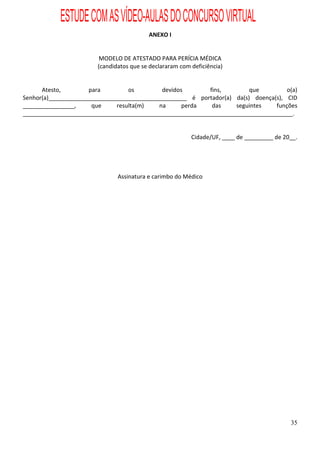 ESTUDE COM AS VÍDEO-AULAS DO CONCURSO VIRTUAL
                                          ANEXO I


                         MODELO DE ATESTADO PARA PERÍCIA MÉDICA
                        (candidatos que se declararam com deficiência)


      Atesto,        para         os        devidos       fins,         que         o(a)
Senhor(a)___________________________________________ é portador(a) da(s) doença(s), CID
________________,     que     resulta(m)   na      perda   das     seguintes    funções
____________________________________________________________________________________.


                                                          Cidade/UF, ____ de _________ de 20__.




                               Assinatura e carimbo do Médico




                                                                                            35
 