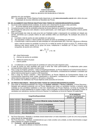 PODER JUDICIÁRIO
JUSTIÇA DO TRABALHO
TRIBUNAL REGIONAL DO TRABALHO DA 19ª REGIÃO
gabaritos e/ou dos resultados.
29.1 As questões das Provas Objetivas ficarão disponíveis no site www.concursosfcc.com.br até o último dia para
interposição de recursos referentes ao Resultado das Provas.
VIII. DO JULGAMENTO DAS PROVAS OBJETIVAS PARA TODOS OS CARGOS/ÁREAS/ESPECIALIDADES
1. As provas serão estatisticamente avaliadas, de acordo com o desempenho do grupo a elas submetido.
1.1 As provas objetivas serão corrigidas por meio de processamento eletrônico.
2. Considera-se grupo o total de candidatos presentes às provas objetivas do respectivo Cargo/Área/Especialidade.
3. Na avaliação de cada prova será utilizado o escore padronizado, com média igual a 50 (cinquenta) e desvio padrão
igual a 10 (dez).
4. Esta padronização das notas de cada prova tem por finalidade avaliar o desempenho do candidato em relação aos
demais, permitindo que a posição relativa de cada candidato reflita sua classificação. Na avaliação das provas do
Concurso:
a) é contado o total de acertos de cada candidato em cada prova;
b) são calculadas a média e o desvio padrão dos acertos de todos os candidatos em cada prova;
c) é transformado o total de acertos de cada candidato em nota padronizada (NP). Para isso, calcula-se a diferença
entre o total de acertos do candidato na prova (A) e a média de acertos do grupo na prova ( X ), divide-se essa
diferença pelo desvio padrão (s) do grupo da prova, multiplica-se o resultado por 10 (dez) e soma-se 50
(cinquenta), de acordo com a fórmula:
s
xA
NP
−
= x 10 + 50
NP = Nota Padronizada
A = Número de acertos do candidato
X = Média de acertos do grupo
s = Desvio padrão
d) é multiplicada a nota padronizada do candidato em cada prova pelo respectivo peso.
5. O total de pontos de cada candidato será igual à soma das notas padronizadas (já multiplicadas pelos pesos
correspondentes) obtidas em cada uma das provas.
6. Para o cargo de Analista Judiciário – todas as Áreas/Especialidades, as Provas Objetivas de Conhecimentos Gerais e
de Conhecimentos Específicos terão caráter classificatório e eliminatório, considerando-se habilitado o candidato que
obtiver total de pontos igual ou superior a 200 (duzentos).
7. Para o cargo de Técnico Judiciário – Área Administrativa, as Provas Objetivas de Conhecimentos Gerais e de
Conhecimentos Específicos terão caráter classificatório e eliminatório, considerando-se habilitado o candidato que
obtiver total de pontos igual ou superior a 150 (cento e cinquenta).
8. Os candidatos não habilitados nas Provas Objetivas serão excluídos do Concurso.
IX. DA PROVA DISCURSIVA – REDAÇÃO PARA TODOS OS CARGOS/ÁREAS/ESPECIALIDADES
1. Para todas as Áreas/Especialidades dos Cargos de Analista Judiciário e Técnico Judiciário, a Prova Discursiva -
Redação será aplicada juntamente com as Provas Objetivas para todos os candidatos inscritos e somente serão
avaliadas as dos candidatos habilitados e mais bem classificados nas Provas Objetivas, na forma do Capítulo VIII
deste Edital, no limite estabelecido no quadro a seguir, mais os empates na última posição de classificação, e todos os
candidatos com deficiência, inscritos na forma do Capítulo V e habilitados na forma do Capítulo VIII deste Edital.
Cargo/Área/Especialidade
Nº de habilitados
e mais bem classificados até a
posição de classificação:
Analista Judiciário – Área Judiciária 100
Analista Judiciário – Área Judiciária – Especialidade Oficial de Justiça Avaliador Federal 100
Analista Judiciário – Área Administrativa 50
Analista Judiciário – Área Administrativa – Especialidade Contabilidade 25
Analista Judiciário – Área Apoio Especializado – Especialidade Estatística 25
Analista Judiciário – Área Apoio Especializado – Especialidade Psicologia 25
Analista Judiciário – Área Apoio Especializado – Especialidade Engenharia Civil 25
Analista Judiciário – Área Apoio Especializado – Especialidade Medicina (Psiquiatria) 25
Técnico Judiciário – Área Administrativa 100
2. Na Prova Discursiva - Redação o candidato deverá desenvolver um texto dissertativo a partir de uma única proposta,
sobre assunto de interesse geral.
3. Na Prova Discursiva – Redação, considerando-se que o texto constitui uma unidade, os itens discriminados a seguir
serão avaliados em estreita correlação:
3.1 Conteúdo – até 40 (quarenta) pontos:
a) perspectiva adotada no tratamento do tema;
 