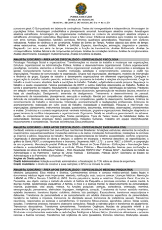 PODER JUDICIÁRIO
JUSTIÇA DO TRABALHO
TRIBUNAL REGIONAL DO TRABALHO DA 19ª REGIÃO
postos em geral. O Qui-quadrado em tabelas de contingência. Testes de homogeneidade e independência. Amostragem de
populações finitas. Amostragem probabilística e planejamento amostral. Amostragem aleatória simples. Amostragem
aleatória estratificada. Amostragem de conglomeradas multietápica no contexto de amostragem aleatória simples e
estratificada. Amostragem sistemática. Regressão Linear e Não Linear. Inferência estatística para modelos de regressão
com erros normais. Diagnóstico. Medidas corretivas. Mínimos quadrados generalizados. Regressão com variáveis
indicadoras. Análise de variância e de covariância. Análise de Séries de Tempo. Análise clássica das séries de tempo:
séries estacionárias, modelos ARMA, ARIMA e SARIMA. Espectro. Identificação, estimação, diagnóstico e previsão.
Regressão com erros em série de tempo. Intervenção e função de transferência. Análise Multivariada. Análise de
correspondência. Análise fatorial e de componentes principais. Análise de correlação canônica. Análise de conglomerados.
Análise discriminante. Escalagem multidimensional. Análise Envoltória de Dados.
ANALISTA JUDICIÁRIO – ÁREA APOIO ESPECIALIZADO – ESPECIALIDADE PSICOLOGIA
Psicologia: Psicologia Social e organizacional. Transformações no mundo do trabalho e mudanças nas organizações;
Estrutura organizacional na Administração Pública. Análise e desenvolvimento organizacional. Cultura organizacional:
paradigmas, conceitos, elementos e dinâmica. Clima organizacional: evolução conceitual, componentes e estratégias de
gestão. Comportamento humano no trabalho: motivação, satisfação e comprometimento. Liderança e poder nas
organizações. Processo de comunicação na organização. Grupos nas organizações: abordagens, modelos de intervenção
e dinâmica de grupo. Equipes de trabalho e desempenho organizacional em diferentes organizações. Condições e
organização do trabalho: trabalho prescrito, ambiente físico, processos de trabalho e relações sócio-profissionais. Carga de
trabalho e custo humano: atividade, tarefa e condições de trabalho. Trabalho, subjetividade e saúde psíquica. Segurança no
trabalho e saúde ocupacional. Fatores psicossociais da DORT e outros distúrbios relacionados ao trabalho. Análise de
tarefa e desempenho do trabalho. Recrutamento e seleção na Administração Pública: identificação de talentos. Preditores
em seleção: entrevistas, testes, dinâmicas de grupo, técnicas situacionais; apresentação de resultados (laudos, relatórios e
listas de classificação). Desligamento: entrevista de desligamento. Treinamento e desenvolvimento de pessoal:
levantamento de necessidades, planejamento, execução e avaliação. Gestão por competências: objetivos estratégicos,
definição de competências, avaliação de desempenho por competências, gestão do desempenho, feedback. Critérios de
reconhecimento do trabalho e recompensa. Orientação, acompanhamento e readaptações profissionais. Entrevista de
acompanhamento; realocação em outro posto de trabalho; readaptação e reabilitação. Pesquisa e intervenção nas
organizações: planejamento, instrumentos (escalas, questionários, documentos, entrevistas, observações), procedimentos
e análise. O indivíduo e o contexto organizacional: variáveis individuais, grupais e organizacionais. Mediação: diagnóstico e
gerenciamento de conflitos interpessoais e organizacionais. Ergonomia. Saúde no trabalho e gerenciamento do estresse.
Gestão de comportamento nas organizações. Testes psicológicos. Tipos de Testes: testes de habilidades; testes de
personalidade; técnicas projetivas; testes psicomotores. Relações humanas. Trabalho em equipe interprofissional:
relacionamento e competências. Técnicas de entrevista. Ética profissional.
ANALISTA JUDICIÁRIO – ÁREA APOIO ESPECIALIZADO – ESPECIALIDADE ENGENHARIA CIVIL
Conteúdo inerente à engenharia Civil com enfoque nas Normas Brasileiras: fundações; estruturas; elementos de vedação e
revestimentos; esquadrias/caixilharia; instalações elétricas e de dados; instalações hidrosanitárias; instalações de combate
ao incêndio e pânico. Segurança do trabalho: Normas regulamentadoras do trabalho; acessibilidade; conforto; ergonomia.
Organização e planejamento de obras e serviços: o caderno de encargos; o memorial descritivo; as especificações; o
gráfico de Gantt; PERT; o cronograma físico e financeiro. Orçamento: NBR 12.721; a curva "ABC"; o SINAPI; a composição
de um orçamento. Manutenção predial: Práticas da SEAP: Manual de Obras Públicas - Edificações – Manutenção. Meio
ambiente e sustentabilidade. Fiscalização e controle: Obras Públicas - Recomendações básicas para contratação e
fiscalização de obras de Edificações Públicas – TCU. Resolução 70/2010 CSJT. Práticas SEAP - Secretaria de Estado da
Administração e do Patrimônio - Manual de Obras Públicas – Edificações. Práticas SEAP- Secretaria de Estado da
Administração e do Patrimônio - Edificações – Projeto.
Noções do Direito aplicado.
Direito Administrativo: licitação e contrato administrativo; a fiscalização do TCU sobre as obras de engenharia.
Direito imobiliário: o direito de construir e suas restrições; o SPU e os imóveis da união.
ANALISTA JUDICIÁRIO – ÁREA APOIO ESPECIALIZADO – ESPECIALIDADE MEDICINA (PSIQUIATRIA)
Medicina (psiquiatria): Ética médica e Bioética. Conhecimentos clínicos e conduta médico-pericial: bases legais e
documentos médicos legais mais importantes: atestado, notificação, auto, laudo e parecer. Licenças Médicas. Resolução
1.488/98 do CFM e Decreto 3.048/99 do INSS. Perícia psiquiátrica; laudos e relatórios. Psiquiatria Geral: Conceito de
Psiquiatria, seu objeto, campo e método de estudo. A história da Psiquiatria e principais correntes. A saúde mental. A
doença mental. Epidemiologia psiquiátrica. A família, o meio e a doença mental. O desenvolvimento da personalidade:
Infância, puberdade, vida adulta, velhice. As funções psíquicas: atenção, consciência, orientação, memória,
sensopercepção, pensamento, afetividade, linguagem, inteligência, conação. Transtornos do humor: episódio maníaco,
episódio depressivo, transtorno bipolar, ciclotimia, distimia, luto patológico. Esquizofrenia, transtornos esquizotípicos e
delirantes. Transtornos de personalidade e de comportamento em adultos (transtornos específicos de personalidade,
transtorno de hábitos e impulsos, transtornos de identidade sexual, transtornos de preferência sexual). Transtornos
neuróticos, relacionados ao estresse e somatoformes. O transtorno fóbico-ansioso, agorafobia, pânico, fobias sociais,
isoladas. Transtornos ansiosos, transtorno obsessivo compulsivo. Reação a estresse grave e transtornos de ajustamento.
Transtornos dissociativos. Transtornos somatoformes. Transtornos Orgânicos. Noções de psiquiatria infantil e da
adolescência. Urgências psiquiátricas. Dependência química: alcoolismo; uso de anfetaminas, cocaína, heroína, tabagismo.
Síndromes comportamentais associadas a perturbações fisiológicas e fatores físicos, (transtornos alimentares – anorexia
nervosa e bulimia nervosa). Transtornos não orgânicos do sono (pesadelos, tremores noturnos). Disfunções sexuais.
 