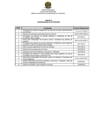 PODER JUDICIÁRIO
JUSTIÇA DO TRABALHO
TRIBUNAL REGIONAL DO TRABALHO DA 19ª REGIÃO
ANEXO III
CRONOGRAMA DE ATIVIDADES
ITEM ATIVIDADE DATAS PREVISTAS
1
Solicitação de Isenção do pagamento do valor de inscrição (exclusivamente
via Internet)
17/10 a 21/10/2013
2 Período de inscrições (exclusivamente via Internet) 22/10 a 22/11/2013
3
Divulgação dos pedidos de isenção deferidos e indeferidos no site da
Fundação Carlos Chagas
28/10/2013
4
Prazo para interposição de recursos contra o resultado dos pedidos de
isenção
29/10 a 30/10/2013
5
Divulgação dos pedidos de isenção deferidos e indeferidos, após análise de
recursos no site da Fundação Carlos Chagas
05/11/2013
6 Último dia para pagamento do valor da inscrição 22/11/2013
7 Edital de Convocação para as Provas 20/12/2013
8 Aplicação das Provas Objetivas e Discursiva – Redação 12/01/2014
9
Divulgação do Gabarito e das Questões das Provas Objetivas no site da
Fundação Carlos Chagas, a partir das 17h.
20/01/2014
10
Prazo para interposição de recursos quanto ao Gabarito e Questões das
Provas Objetivas
21/01 a 22/01/2014
11
Edital de Resultado das Provas Objetivas, Discursiva – Redação, Vista das
Provas e Respostas dos Recursos
24/03/2014
12 Edital de resultados, após análise de recursos 23/04/2014
 