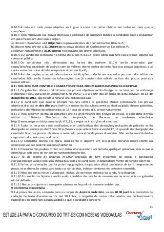 13
8.10.3 A nota em cada prova objetiva será igual à soma das notas obtidas em todos os itens que a
compõem.
8.10.4 Será reprovado nas provas objetivas e eliminado do concurso público o candidato que se enquadrar
em pelo menos um dos itens a seguir:
a) obtiver nota inferior a 10,00 pontos na prova objetiva de Conhecimentos Básicos P1;
b) obtiver nota inferior a 21,00 pontos na prova objetiva de Conhecimentos Específicos P2;
c) obtiver nota inferior a 36,00 pontos no conjunto das provas objetivas.
8.10.4.1 O candidato eliminado na forma do subitem 8.10.4 deste edital não terá classificação alguma no
concurso público.
8.10.5 Os candidatos não eliminados na forma do subitem 8.10.4 serão ordenados por
cargo/área/especialidade de acordo com os valores decrescentes da nota final nas provas objetivas, que
será a soma das notas obtidas nas provas objetivas P1 eP2.
8.10.6 As informações a respeito de notas e classificações poderão ser acessadas por meio dos editais de
resultados. Não serão fornecidas informações que já constem dos editais ou fora dos prazos previstos
nesses editais.
8.11 DOS RECURSOS CONTRA OS GABARITOS OFICIAIS PRELIMINARES DAS PROVAS OBJETIVAS
8.11.1 Os gabaritos oficiais preliminares das provas objetivas serão divulgados na internet, no endereço
eletrônico http://www.cespe.unb.br/concursos/trt17_13, a partir das 19 horas da data provável de 17 de
dezembro de 2013, observado o horário oficial de Brasília/DF.
8.11.2 O candidato que desejar interpor recursos contra os gabaritos oficiais preliminares das provas
objetivas disporá de dois dias para fazê-lo, a contar do dia subsequente ao da divulgação desses gabaritos,
no horário das 9 horas do primeiro dia às 18 horas do último dia, ininterruptamente.
8.11.3 Para recorrer contra os gabaritos oficiais preliminares das provas objetivas, o candidato deverá
utilizar o Sistema Eletrônico de Interposição de Recurso, no endereço eletrônico
http://www.cespe.unb.br/concursos/trt17_13, e seguir as instruções ali contidas.
8.11.4 Todos os recursos serão analisados, e as justificativas das alterações/anulações de gabarito serão
divulgadas no endereço eletrônico http://www.cespe.unb.br/concursos/trt17_13 quando da divulgação do
resultado final nas provas objetivas e resultado provisório da prova discursiva. Não serão encaminhadas
respostas individuais aos candidatos.
8.11.5 O candidato deverá ser claro, consistente e objetivo em seu pleito. Recurso inconsistente ou
intempestivo será preliminarmente indeferido.
8.11.6 O recurso não poderá conter, em outro local que não o apropriado, qualquer palavra ou marca que o
identifique, sob pena de ser preliminarmente indeferido.
8.11.7 Se do exame de recursos resultar anulação de item integrante de prova, a pontuação
correspondente a esse item será atribuída a todos os candidatos, independentemente de terem recorrido.
8.11.8 Se houver alteração, por força de impugnações, de gabarito oficial preliminar de item integrante de
prova, essa alteração valerá para todos os candidatos, independentemente de terem recorrido.
8.11.9 Não será aceito recurso via postal, via fax, via correio eletrônico ou, ainda, fora do prazo.
8.11.10 Em nenhuma hipótese serão aceitos pedidos de revisão de recursos ou recurso contra o gabarito
oficial definitivo.
8.11.11 Recursos cujo teor desrespeite a banca serão preliminarmente indeferidos.
9 DA PROVA DISCURSIVA
9.1 A prova discursiva, somente para os cargos de Analista Judiciário, valerá 20,00 pontos e consistirá da
redação de texto dissertativo, de até 30 linhas, a respeito de temas relacionados aos conhecimentos
específicos do cargo/área/especialidade a que o candidato concorre.
ESTUDE JÁ PARA O CONCURSO DO TRT-ES COM NOSSAS VIDEOAULAS
 