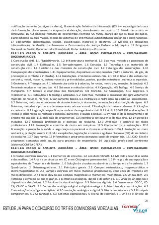 26
notificação corrente (serviços de alerta), Disseminação Seletiva da Informação (DSI) — estratégia de busca
de informação, planejamento e etapas de elaboração, atendimento ao usuário. 15 Estudo de usuário —
entrevista. 16 Automação: formato de intercâmbio, formato US MARC, banco de dados, base de dados,
planejamento da automação, principais sistemas de informação automatizados nacionais e internacionais.
17 Bibliografia: conceituação, teorias, classificação, histórico e objetivos. 18 Modelo de Requisitos
Informatizados de Gestão de Processos e Documentos da Justiça Federal – Moreq-Jus. 19 Programa
Nacional de Gestão Documental e Memória do Poder Judiciário – Proname.
13.2.1.2.5 CARGO 5: ANALISTA JUDICIÁRIO – ÁREA: APOIO ESPECIALIZADO – ESPECIALIDADE:
ENGENHARIA CIVIL
1 Construção civil. 1.1 Planialtimetria. 1.2 Infraestrutura territorial. 1.3 Sistemas, métodos e processos de
construção civil. 1.4 Edificações. 1.5 Terraplenagem. 1.6 Estradas. 1.7 Tecnologia dos materiais de
construção civil. 1.8 Resistência dos materiais de construção civil. 1.9 Patologia das construções. 1.10
Recuperação das construções. 1.11 Equipamentos, dispositivos e componentes (hidro sanitários, de gás, de
prevenção e combate a incêndio). 1.12 Instalações. 2 Sistemas estruturais. 2.1 Estabilidade das estruturas:
concreto, metal, madeira, outros materiais, pré-moldados, pontes, grandes estruturas, estruturas especiais.
3 Geotecnia. 4 Transportes. 4.1 Infraestrutura viária (rodovias, ferrovias, metrovias, aerovias, hidrovias). 4.2
Terminais modais e multimodais. 4.3 Sistemas e métodos viários. 4.4 Operação. 4.5 Tráfego. 4.6 Serviço de
transporte. 4.7 Técnica e economia dos transportes. 4.8 Trânsito. 4.9 Sinalização. 4.10 Logística. 5
Hidrotecnia. 5.1 Hidráulica e hidrologia aplicadas. 5.2 Sistemas, métodos e processos de aproveitamento
múltiplo de recursos hídricos. 6 Saneamento básico. 6.1 Hidráulica e hidrologia aplicadas ao saneamento.
6.2 Sistemas, métodos e processos de abastecimento, tratamento, reservação e distribuição de águas. 6.3
Sistemas, métodos e processos de saneamento urbano e rural. 7 Avaliação de imóveis urbanos. 8 Licitações
e contratos. 8.1 Legislação específica para obras de engenharia civil. 8.2 Lei nº 8 666/1993 e alterações. 9
Perícia e elaboração de relatórios técnicos, pareceres e laudos periciais. 10 Princípios de planejamento e de
orçamento público. 11 Elaboração de orçamentos. 12 Engenharia de segurança do trabalho. 12.1 higiene do
trabalho. 12.2 Doenças profissionais e doenças do trabalho. 12.3 Avaliação e controle de riscos
profissionais. 12.4 Prevenção e controle de riscos em máquinas. 12.5 Equipamentos e instalações. 12.6
Prevenção e proteção à saúde e segurança ocupacional e do meio ambiente. 12.6.1 Proteção ao meio
ambiente, proteção contra incêndio e explosões, legislação e normas regulamentadoras (NR) do ministério
do trabalho. 12.7 Ergonomia. 13 Informática e programas computacionais de engenharia. 13.1 CAD, Excel e
programas computacionais usuais para projetos de engenharia. 14 Legislação profissional pertinente
(sistema CONFEA-CREA).
13.2.1.2.6 CARGO 6: ANALISTA JUDICIÁRIO – ÁREA: APOIO ESPECIALIZADO – ESPECIALIDADE:
ENGENHARIA ELÉTRICA
1 Circuitos elétricos lineares. 1.1 Elementos de circuitos. 1.2 Leis de Kirchhoff. 1.3 Métodos de análise nodal
e das malhas. 1.4 Análise de circuitos em CC e em CA (regime permanente). 1.5 Princípio da superposição e
equivalentes de Thévenin e de Norton. 1.6 Solução de circuitos no domínio do tempo e da frequência. 1.7
Quadripolos. 2 Eletromagnetismo. 2.1 Princípios gerais. 2.2 Campos eletrostático, magnetostático e
eletromagnetostático. 2.3 Campos elétricos em meio material: propriedades, condições de fronteira em
meios diferentes. 2.4 Forças devido aos campos magnéticos e momentos magnéticos. 2.5 Ondas TEM. 2.6
Reflexão e refração de ondas planas. 3 Eletrônica analógica, digital e de potência. 3.1 Circuitos analógicos e
dispositivos eletrônicos. 3.2 Famílias de circuitos lógicos. 3.3 Sistemas digitais. 3.4 Conversores CC-CC, CC-
CA, CA-CC e CA-CA. 3.5 Conversão analógica-digital e digital-analógica. 4 Princípios de comunicações. 4.1
Comunicações analógicas e digitais. 4.2 Comutação analógica e digital. 5 Microcomputadores. 5.1 Principais
componentes. 5.2 Organização. 5.3 Sistemas operacionais. 6 Teoria de controle. 6.1 Análise e síntese de
ESTUDE JÁ PARA O CONCURSO DO TRT-ES COM NOSSAS VIDEOAULAS
 