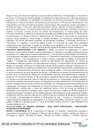 29
(Rogers, Perls), sócio-histórica (Vygotsky, Luria) e psicodrama (Moreno). 4 Psicopatologia. 4.1 Transtornos
de humor. 4.2 Transtornos de personalidade. 4.3 Transtornos relacionados ao uso e abuso de substâncias
psicoativas. 4.4 Transtornos de ansiedade. 4.5 Transtorno do estresse pós-traumático. 4.6 Transtornos
depressivos. 4.7 Transtornos fóbicos. 4.8 Transtornos psicossomáticos. 4.9 Transtornos somatoformes. 4.10
Esquizofrenia. 4.11 Outros transtornos psicóticos. 4.12 Estruturas clínicas (neurose, psicose e perversão). 5
Psicologia da saúde. 5.1 Processo saúde-doença (doenças crônicas e agudas). 5.2 Impacto diagnóstico. 5.3
Processo de adoecimento. 5.4 Enfrentamento da doença e adesão ao tratamento. 5.5 Teorias e manejos do
estresse. 5.6 Teorias e manejo da dor. 5.6.1 Estilos de enfrentamento. 5.7 Ações básicas de saúde:
promoção, prevenção e reabilitação. 6 Intervenção psicológica em problemas específicos. 6.1 O processo de
envelhecimento e as doenças crônicas e degenerativas. 6.2 Tratamento e prevenção da dependência
química: álcool, tabagismo, outras drogas e redução de danos. 6.3 Tratamento multidisciplinar da
obesidade. 6.4 Outras demandas específicas de intervenção psicológica. 7 Psicologia institucional e
comunitária. 7.1 Objetivos e níveis da higiene mental. 7.2 Promoção da saúde como paradigma
reestruturante de intervenção: o papel do psicólogo nessa perspectiva e sua inserção na equipe
multidisciplinar. 7.3 Objetivos, métodos e técnicas de intervenção do psicólogo no campo institucional.
PSICOLOGIA ORGANIZACIONAL E DO TRABALHO: 1 Gestão de pessoas nas organizações: 1.1 Novos
conceitos. 1.2 Ferramentas de gestão e estilos de liderança. 1.3 Liderança e seu papel no desenvolvimento
de equipes. 1.4 A negociação no contexto organizacional. 1.5 Gerenciamento da pluralidade nas empresas.
1.6 Planejamento estratégico da gestão de pessoas. 1.7 Competência interpessoal. 1.8 Gerenciamento de
conflitos. 2 Clima e cultura organizacional. 3 Valores, atitudes e satisfação no trabalho. 4 Motivação no
trabalho. 5 Competências, aprendizagem e gestão do desempenho nas organizações. 5.1 Teorias da
aprendizagem aplicadas à gestão e ao desenvolvimento humano. 5.2 Especificidades da aprendizagem de
adultos. 5.3 Educação Corporativa. 5.4 Política de avaliação de desempenho individual e institucional. 5.5.
Gestão do conhecimento e gestão por competências. 5.6 Aprendizagem organizacional e organizações que
aprendem. 5.7 Desenvolvimento de pessoas como estratégia de gestão e a interação desta atividade com
as demais funções do processo de gestão de pessoas. 5.8 Elaboração de projetos de desenvolvimento de
pessoas: fases, procedimentos, diagnóstico, planejamento, execução, acompanhamento e avaliação. 6
Política de recrutamento e seleção. 6.1 Movimentação e captação de pessoas como estratégia competitiva.
6.2 Técnicas e processo decisório, fontes e meios de recrutamento. 6.3 Planejamento, técnicas, avaliação e
controle de resultados do processo seletivo. 6.4 Rotação de pessoal e absenteísmo. 6.5 Desligamento de
pessoal. 7 Planejamento de carreira. 8 Saúde do trabalhador. 8.1 Prevenção da saúde dos trabalhadores nas
organizações. 8.2 Atuação dos profissionais de recursos humanos junto às equipes multidisciplinares e
interdisciplinares voltadas para a saúde do trabalhador dentro e fora do mundo do trabalho. 8.3
Psicodinâmica do trabalho. 8.4 Assédio moral e sexual. 8.5 Estresse e trabalho. 8.6 Práticas grupais. 8.7
Atuação do psicólogo na interface saúde/trabalho/educação. 8.8 Psicologia de grupo e equipes de trabalho:
fundamentos teóricos e técnicos sobre grupos, conflitos no grupo e resolução de problemas. 8.9 Ergonomia
da atividade e psicopatologia do trabalho. 8.10 Qualidade de vida – conceitos e metodologias para
implementação de programas nas organizações. 8.11 Clínica da Atividade. 9 Gestão de pessoas no setor
público: tendências e gestões atuais. 9.1 Lei nº 8.112/1990: direitos, deveres e responsabilidades dos
servidores públicos civis.
13.2.1.2.10 CARGO 10: ANALISTA JUDICIÁRIO – ÁREA: APOIO ESPECIALIZADO – ESPECIALIDADE:
TECNOLOGIA DA INFORMAÇÃO
GESTÃO E GOVERNANÇA DE TI: 1 Engenharia de software. 1.1 Conceitos, fundamentos, evolução e
características da engenharia de software. 2 Ciclos de vida do software. 3 Testes e medidas de software. 4
Orientação a objetos: abstração de dados, definição de classes, métodos e atributos, herança,
ESTUDE JÁ PARA O CONCURSO DO TRT-ES COM NOSSAS VIDEOAULAS
 