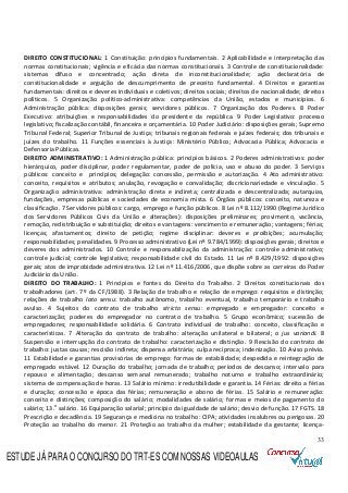 33
DIREITO CONSTITUCIONAL: 1 Constituição: princípios fundamentais. 2 Aplicabilidade e interpretação das
normas constitucionais; vigência e eficácia das normas constitucionais. 3 Controle de constitucionalidade:
sistemas difuso e concentrado; ação direta de inconstitucionalidade; ação declaratória de
constitucionalidade e arguição de descumprimento de preceito fundamental. 4 Direitos e garantias
fundamentais: direitos e deveres individuais e coletivos; direitos sociais; direitos de nacionalidade; direitos
políticos. 5 Organização político-administrativa: competências da União, estados e municípios. 6
Administração pública: disposições gerais; servidores públicos. 7 Organização dos Poderes. 8 Poder
Executivo: atribuições e responsabilidades do presidente da república. 9 Poder Legislativo: processo
legislativo; fiscalização contábil, financeira e orçamentária. 10 Poder Judiciário: disposições gerais; Supremo
Tribunal Federal; Superior Tribunal de Justiça; tribunais regionais federais e juízes federais; dos tribunais e
juízes do trabalho. 11 Funções essenciais à Justiça: Ministério Público; Advocacia Pública; Advocacia e
Defensoria Públicas.
DIREITO ADMINISTRATIVO: 1 Administração pública: princípios básicos. 2 Poderes administrativos: poder
hierárquico, poder disciplinar, poder regulamentar, poder de polícia, uso e abuso do poder. 3 Serviços
públicos: conceito e princípios; delegação: concessão, permissão e autorização. 4 Ato administrativo:
conceito, requisitos e atributos; anulação, revogação e convalidação; discricionariedade e vinculação. 5
Organização administrativa: administração direta e indireta; centralizada e descentralizada; autarquias,
fundações, empresas públicas e sociedades de economia mista. 6 Órgãos públicos: conceito, natureza e
classificação. 7 Servidores públicos: cargo, emprego e função públicos. 8 Lei nº 8.112/1990 (Regime Jurídico
dos Servidores Públicos Civis da União e alterações): disposições preliminares; provimento, vacância,
remoção, redistribuição e substituição; direitos e vantagens: vencimento e remuneração; vantagens; férias;
licenças; afastamentos; direito de petição; regime disciplinar: deveres e proibições; acumulação;
responsabilidades; penalidades. 9 Processo administrativo (Lei nº 9.784/1999): disposições gerais; direitos e
deveres dos administrados. 10 Controle e responsabilização da administração: controle administrativo;
controle judicial; controle legislativo; responsabilidade civil do Estado. 11 Lei nº 8.429/1992: disposições
gerais; atos de improbidade administrativa. 12 Lei nº 11.416/2006, que dispõe sobre as carreiras do Poder
Judiciário da União.
DIREITO DO TRABALHO: 1 Princípios e fontes do Direito do Trabalho. 2 Direitos constitucionais dos
trabalhadores (art. 7º da CF/1988). 3 Relação de trabalho e relação de emprego: requisitos e distinção;
relações de trabalho lato sensu: trabalho autônomo, trabalho eventual, trabalho temporário e trabalho
avulso. 4 Sujeitos do contrato de trabalho stricto sensu: empregado e empregador: conceito e
caracterização; poderes do empregador no contrato de trabalho. 5 Grupo econômico; sucessão de
empregadores; responsabilidade solidária. 6 Contrato individual de trabalho: conceito, classificação e
características. 7 Alteração do contrato de trabalho: alteração unilateral e bilateral; o jus variandi. 8
Suspensão e interrupção do contrato de trabalho: caracterização e distinção. 9 Rescisão do contrato de
trabalho: justas causas; rescisão indireta; dispensa arbitrária; culpa recíproca; indenização. 10 Aviso prévio.
11 Estabilidade e garantias provisórias de emprego: formas de estabilidade; despedida e reintegração de
empregado estável. 12 Duração do trabalho; jornada de trabalho; períodos de descanso; intervalo para
repouso e alimentação; descanso semanal remunerado; trabalho noturno e trabalho extraordinário;
sistema de compensação de horas. 13 Salário mínimo: irredutibilidade e garantia. 14 Férias: direito a férias
e duração; concessão e época das férias; remuneração e abono de férias. 15 Salário e remuneração:
conceito e distinções; composição do salário; modalidades de salário; formas e meios de pagamento do
salário; 13.o
salário. 16 Equiparação salarial; princípio da igualdade de salário; desvio de função. 17 FGTS. 18
Prescrição e decadência. 19 Segurança e medicina no trabalho: CIPA; atividades insalubres ou perigosas. 20
Proteção ao trabalho do menor. 21 Proteção ao trabalho da mulher; estabilidade da gestante; licença-
ESTUDE JÁ PARA O CONCURSO DO TRT-ES COM NOSSAS VIDEOAULAS
 