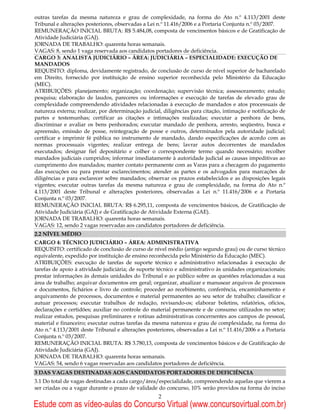 outras tarefas da mesma natureza e grau de complexidade, na forma do Ato n.º 4.113/2001 deste
Tribunal e alterações posteriores, observadas a Lei n.º 11.416/2006 e a Portaria Conjunta n.º 03/2007.
REMUNERAÇÃO INICIAL BRUTA: R$ 5.484,08, composta de vencimentos básicos e de Gratificação de
Atividade Judiciária (GAJ).
JORNADA DE TRABALHO: quarenta horas semanais.
VAGAS: 8, sendo 1 vaga reservada aos candidatos portadores de deficiência.
CARGO 3: ANALISTA JUDICIÁRIO – ÁREA: JUDICIÁRIA – ESPECIALIDADE: EXECUÇÃO DE
MANDADOS
REQUISITO: diploma, devidamente registrado, de conclusão de curso de nível superior de bacharelado
em Direito, fornecido por instituição de ensino superior reconhecida pelo Ministério da Educação
(MEC).
ATRIBUIÇÕES: planejamento; organização; coordenação; supervisão técnica; assessoramento; estudo;
pesquisa; elaboração de laudos, pareceres ou informações e execução de tarefas de elevado grau de
complexidade compreendendo atividades relacionadas à execução de mandados e atos processuais de
natureza externa; realizar, por determinação judicial, diligências para citação, intimação e notificação de
partes e testemunhas; certificar as citações e intimações realizadas; executar a penhora de bens,
discriminar e avaliar os bens penhorados; executar mandado de penhora, arresto, seqüestro, busca e
apreensão, emissão de posse, reintegração de posse e outros, determinados pela autoridade judicial;
certificar e imprimir fé pública no instrumento de mandado, dando especificações de acordo com as
normas processuais vigentes; realizar entrega de bens; lavrar autos decorrentes de mandados
executados; designar fiel depositário e colher o correspondente termo quando necessário; recolher
mandados judiciais cumpridos; informar imediatamente à autoridade judicial as causas impeditivas ao
cumprimento dos mandados; manter contato permanente com as Varas para a checagem do pagamento
das execuções ou para prestar esclarecimentos; atender as partes e os advogados para marcações de
diligências e para esclarecer sobre mandados; observar os prazos estabelecidos e as disposições legais
vigentes; executar outras tarefas da mesma natureza e grau de complexidade, na forma do Ato n.º
4.113/2001 deste Tribunal e alterações posteriores, observadas a Lei n.º 11.416/2006 e a Portaria
Conjunta n.º 03/2007.
REMUNERAÇÃO INICIAL BRUTA: R$ 6.295,11, composta de vencimentos básicos, de Gratificação de
Atividade Judiciária (GAJ) e de Gratificação de Atividade Externa (GAE).
JORNADA DE TRABALHO: quarenta horas semanais.
VAGAS: 12, sendo 2 vagas reservadas aos candidatos portadores de deficiência.
2.2 NÍVEL MÉDIO
CARGO 4: TÉCNICO JUDICIÁRIO – ÁREA: ADMINISTRATIVA
REQUISITO: certificado de conclusão de curso de nível médio (antigo segundo grau) ou de curso técnico
equivalente, expedido por instituição de ensino reconhecida pelo Ministério da Educação (MEC).
ATRIBUIÇÕES: execução de tarefas de suporte técnico e administrativo relacionadas à execução de
tarefas de apoio à atividade judiciária; de suporte técnico e administrativo às unidades organizacionais;
prestar informações às demais unidades do Tribunal e ao público sobre as questões relacionadas a sua
área de trabalho; arquivar documentos em geral; organizar, atualizar e manusear arquivos de processos
e documentos, fichários e livro de controle; proceder ao recebimento, conferência, encaminhamento e
arquivamento de processos, documentos e material permanentes ao seu setor de trabalho; classificar e
autuar processos; executar trabalhos de redação, revisando-os; elaborar boletins, relatórios, ofícios,
declarações e certidões; auxiliar no controle do material permanente e de consumo utilizados no setor;
realizar estudos, pesquisas preliminares e rotinas administrativas concernentes aos campos de pessoal,
material e financeiro; executar outras tarefas da mesma natureza e grau de complexidade, na forma do
Ato n.º 4.113/2001 deste Tribunal e alterações posteriores, observadas a Lei n.º 11.416/2006 e a Portaria
Conjunta n.º 03/2007.
REMUNERAÇÃO INICIAL BRUTA: R$ 3.780,13, composta de vencimentos básicos e de Gratificação de
Atividade Judiciária (GAJ).
JORNADA DE TRABALHO: quarenta horas semanais.
VAGAS: 54, sendo 6 vagas reservadas aos candidatos portadores de deficiência.
3 DAS VAGAS DESTINADAS AOS CANDIDATOS PORTADORES DE DEFICIÊNCIA
3.1 Do total de vagas destinadas a cada cargo/área/especialidade, compreendendo aquelas que vierem a
ser criadas ou a vagar durante o prazo de validade do concurso, 10% serão providos na forma do inciso
                                                    2
Estude com as vídeo-aulas do Concurso Virtual (www.concursovirtual.com.br)
 