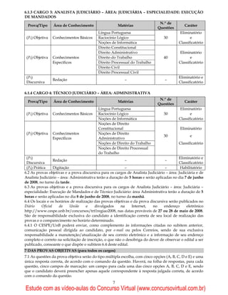 6.1.3 CARGO 3: ANALISTA JUDICIÁRIO – ÁREA: JUDICIÁRIA – ESPECIALIDADE: EXECUÇÃO
DE MANDADOS
                                                                               N.º de
 Prova/Tipo      Área de Conhecimento                   Matérias                              Caráter
                                                                              Questões
                                           Língua Portuguesa                                Eliminatório
 (P1) Objetiva   Conhecimentos Básicos     Raciocínio Lógico                      30              e
                                           Noções de Informática                           Classificatório
                                           Direito Constitucional
                                           Direito Administrativo                           Eliminatório
 (P2) Objetiva   Conhecimentos             Direito do Trabalho                    40              e
                 Específicos               Direito Processual do Trabalho                  Classificatório
                                           Direito Civil
                                           Direito Processual Civil
 (P3)                                                                                      Eliminatório e
                 Redação                                   –                       –
 Discursiva                                                                                Classificatório

6.1.4 CARGO 4: TÉCNICO JUDICIÁRIO – ÁREA: ADMINISTRATIVA
                                                                               N.º de
 Prova/Tipo      Área de Conhecimento                   Matérias                              Caráter
                                                                              Questões
                                           Língua Portuguesa                                Eliminatório
 (P1) Objetiva   Conhecimentos Básicos     Raciocínio Lógico                      30              e
                                           Noções de Informática                           Classificatório
                                           Noções de Direito
                                           Constitucional                                   Eliminatório
 (P2) Objetiva   Conhecimentos             Noções de Direito
                                                                                  30              e
                 Específicos               Administrativo
                                           Noções de Direito do Trabalho                   Classificatório
                                           Noções de Direito Processual
                                           do Trabalho
 (P3)                                                                                      Eliminatório e
                   Redação                                  –                      –
 Discursiva                                                                                Classificatório
 (P4) Prática      Digitação                                –                      –        Habilitatório
6.2 As provas objetivas e a prova discursiva para os cargos de Analista Judiciário – área: Judiciária e de
Analista Judiciário – área: Administrativa terão a duração de 5 horas e serão aplicadas no dia 7 de junho
de 2008, no turno da tarde.
6.3 As provas objetivas e a prova discursiva para os cargos de Analista Judiciário – área: Judiciária –
especialidade: Execução de Mandados e de Técnico Judiciário: área Administrativa terão a duração de 5
horas e serão aplicadas no dia 8 de junho de 2008, no turno da manhã.
6.4 Os locais e os horários de realização das provas objetivas e da prova discursiva serão publicados no
Diário     Oficial    da     União   e    divulgados     na     Internet,   no     endereço     eletrônico
http://www.cespe.unb.br/concursos/trt1regiao2008, nas datas prováveis de 27 ou 28 de maio de 2008.
São de responsabilidade exclusiva do candidato a identificação correta de seu local de realização das
provas e o comparecimento no horário determinado.
6.4.1 O CESPE/UnB poderá enviar, como complemento às informações citadas no subitem anterior,
comunicação pessoal dirigida ao candidato, por e-mail ou pelos Correios, sendo de sua exclusiva
responsabilidade a manutenção/atualização de seu correio eletrônico e a informação de seu endereço
completo e correto na solicitação de inscrição, o que não o desobriga do dever de observar o edital a ser
publicado, consoante o que dispõe o subitem 6.4 deste edital.
7 DAS PROVAS OBJETIVAS (para todos os cargos)
7.1 As questões da prova objetiva serão do tipo múltipla escolha, com cinco opções (A, B, C, D e E) e uma
única resposta correta, de acordo com o comando da questão. Haverá, na folha de respostas, para cada
questão, cinco campos de marcação: um campo para cada uma das cinco opções A, B, C, D e E, sendo
que o candidato deverá preencher apenas aquele correspondente à resposta julgada correta, de acordo
com o comando da questão.
                                                    7
Estude com as vídeo-aulas do Concurso Virtual (www.concursovirtual.com.br)
 