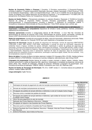 Noções de Orçamento Público e Finanças: 1 Conceitos. 2 Princípios orçamentários. 3 Orçamento-Programa:
conceitos e objetivos. 4 Proposta orçamentária: Elaboração, discussão, votação e aprovação. 5 Plano Plurianual – PPA,
Lei de Diretrizes Orçamentárias – LDO e Lei Orçamentária Anual – LOA. 6. Lei nº 4.320/64: Da Lei de Orçamento; Da
receita; Da Despesa; Dos Créditos Adicionais; Da execução do Orçamento. 7. Lei Complementar nº 101/2000 (LRF): Do
planejamento; Da Despesa Pública; Da Transparência, Controle e Fiscalização.
Noções de Gestão Pública: 1 Planejamento estratégico no Judiciário Brasileiro: Resolução nº 70/2009 do Conselho
Nacional de Justiça. 2 Orçamento Público: Conceito. Princípios orçamentários. Receitas e despesas
extraorçamentárias. 3 Orçamento-programa: conceitos e objetivos. 4 Orçamento na Constituição Federal. 5
Competência interpessoal. 6 Administração de Recursos Materiais. 7 Ciclo PDCA: planejar, fazer, verificar, agir.
TÉCNICO JUDICIÁRIO – ÁREA APOIO ESPECIALIZADO – ESPECIALIDADE TECNOLOGIA DA INFORMAÇÃO
Organização e arquitetura de computadores: dispositivos de entrada e saída, periféricos, memória, processador,
dispositivos de armazenamento.
Sistemas operacionais: conceitos e configurações básicas de MS Windows e Linux Red Hat. Conceitos de
gerenciamento de sistemas de arquivos CIFS e NFS. Administração de usuários, grupos, permissões, controles de
acesso (LDAP).Gerenciamento de memória, Gerenciamento de processos, Gerenciamento de armazenamento.
Redes de computadores: conceitos de comunicação de dados, meios de transmissão, cabeamento estruturado. Redes
LAN, MAN, WAN, redes sem fio. Protocolo TCP/IP, ipv4, ipv6. DataCenter e Computação nas nuvens.
Segurança da Informação: Noções de gestão de segurança da informação; normas de segurança ABNT/ISO/IEC
27002:2005 e ABNT NBR ISO/IEC 27001:2006; classificação e controle de ativos de informação; segurança de
ambientes físicos e lógicos; controles de acesso; definição, implantação e gestão de políticas de segurança da
informação. Conceitos de Gerenciamento de Riscos: identificação de ameaças; normas NBR ISO/ISC 15599 e 27005.
Noções de Plano de continuidade de Negócios. Ataques a redes de computadores; Classificação da informação: papéis
e responsabilidades. Segurança física e operacional. Sistemas de cópia de segurança: tipos de armazenamento.
Noções gerais de criptografia simétrica e assimétrica, certificação e assinatura digital, firewall, filtro de conteúdo, vírus
de computadores e tipos de malware.
Banco de dados: Conceitos de Banco de dados relacional, modelos E-R, linguagens SQL e PL/SQL. Noções de Banco
de dados ORACLE e POSTGRESQL. Conceitos de: business intelligence, data warehouse, data mining e OLAP.
Linguagens de programação: Noções básicas de análise e projeto orientado a objetos: objetos, métodos, classe,
herança, polimorfismo e noções de diagramas UML, algoritmos, interpretação e compilação de programas, estruturas de
dados: pilhas, filas, métodos de ordenação, métodos de pesquisa. Ambientes e linguagem de programação: Java.
Conceitos de servidores de aplicação: TOMCAT, JBOSS. Frameworks Java: EJB, JSF, Hibernate, j2EE.
Noções de Gestão de Tecnologia da Informação: ITIL V3 e COBIT versão 4.1. Conceitos básicos de qualidade de
software: modelos CMMI e MPS-BR.
Língua estrangeira: Inglês Técnico.
ANEXO IV
ITEM ATIVIDADE DATAS PREVISTAS
1 Solicitação de Isenção do pagamento do valor de inscrição (exclusivamente via Internet)
16/05/2013 a
20/05/2013
2 Período de inscrições (exclusivamente via Internet)
21/05/2013 a
13/06/2013
3 Divulgação dos pedidos de isenção deferidos e indeferidos no site da Fundação Carlos Chagas 27/05/2013
4 Recursos contra o resultado dos pedidos de isenção
28/05/2013 a
29/05/2013
5
Divulgação dos pedidos de isenção deferidos e indeferidos, após análise de recursos no site da
Fundação Carlos Chagas
05/06/2013
6 Último dia para pagamento do valor da inscrição 13/06/2013
7 Aplicação das Provas Objetivas e Discursiva – Redação 21/07/2013
8 Divulgação do Gabarito e das Questões das Provas Objetivas 29/07/2013
9 Recursos quanto ao Gabarito e Questões das Provas Objetivas
30/07/2013 a
31/07/2013
10
Edital de Resultado das Provas Objetivas, Discursiva – Redação, Vista das Provas e Respostas
dos Recursos
24/09/2013
11 Edital de Resultados, Após Análise de Recursos 22/10/2013
 