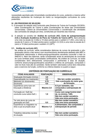 necessidade apontada pela Universidade coordenadora do curso, podendo a mesma sofrer
alterações resultantes de mudanças de matriz ou reorganizações curriculares do curso
pretendido.
IV - DO PROCESSO DE SELEÇÃO
1. O processo de seleção será conduzido pela Diretoria de Tutoria da Fundação CECIERJ,
pelas Coordenações de Tutoria e pelas Coordenações de áreas das Universidades
consorciadas. Caberá às Universidades Consorciadas a coordenação das atividades
das comissões de seleção por área, constituídas por docentes das mesmas.
2. A seleção se constitui de: Análise de currículo (AC), Carta de autoapresentação
(CA) e Avaliação Acadêmica de Plano de Trabalho de Tutoria (APT). Será atribuída
uma nota na escala de 3 (três) a 10 (dez) pontos para o subitem 2.1 (AC), uma nota na
escala de 0 (zero) a 10 (dez) pontos para o subitem 2.2 (CA) e uma nota na escala de 0
(zero) a 10 (dez) pontos para o subitem 2.3 (APT).
2.1. Análise de currículo (AC)
Na análise de currículo, serão considerados diplomas de cursos de graduação e pós-
graduação (stricto e lato sensu) com reconhecimento devidamente atestado pelo MEC e
diretamente relacionados à área/curso/grupo/disciplina escolhida (consultar a lista no
ANEXO I). Além dos diplomas, serão consideradas ainda as declarações de conclusão
de curso emitidas pelas universidades certificadoras. Na análise de currículo, só serão
considerados itens efetivamente comprovados e pertinentes à área de atuação,
conforme área/curso/grupo/disciplina escolhida e critérios de pontuação, computado o
valor do título mais alto do candidato. Serão também valorizados outros itens relevantes
para o exercício da função, conforme os critérios listados no quadro a seguir.
CRITÉRIOS DE PONTUAÇÃO DO CURRÍCULO:
ITENS AVALIADOS PONTUAÇÃO OBSERVAÇÕES
Graduação (formação mínima) 3,0
Não tem caráter somatório.
Vale a pontuação do maior grau
de formação.
Especialização (ou mestrando) 3,5
Mestrado (ou doutorando) 3,75
Doutorado 4,0
Experiência como tutor em
Educação a Distância Máximo 2,0
0,5 por semestre, não
computada a sobreposição de
período
Formação em EaD (ter
concluído curso sobre EaD ) 1,0
Curso com carga horária total
de, no mínimo, 140h.
Não tem caráter somatório.
Vale uma única pontuação.
Ter sido aluno de curso de
graduação em EaD 0,5
Não tem caráter somatório.
Vale uma única pontuação.
Experiência no magistério na
área a que se propõe atuar Máximo 1,5
0,25/semestre, não computada a
sobreposição de período
Trabalhos relevantes na área
de atuação.
1,0 Não tem caráter somatório.
Vale uma única pontuação.
 