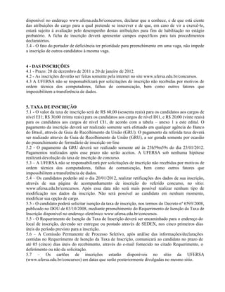 disponível no endereço www.ufersa.edu.br/concursos, declarar que a conhece, e de que está ciente
das atribuições do cargo para a qual pretende se inscrever e de que, em caso de vir a exercê-lo,
estará sujeito á avaliação pelo desempenho destas atribuições para fins de habilitação no estágio
probatório. A ficha de inscrição deverá apresentar campos específicos para tais procedimentos
declaratórios.
3.4 - O fato do portador de deficiência ter prioridade para preenchimento em uma vaga, não impede
a inscrição de outros candidatos à mesma vaga.


4 - DAS INSCRIÇÕES
4.1 - Prazo: 20 de dezembro de 2011 a 20 de janeiro de 2012.
4.2 - As inscrições deverão ser feitas somente pela internet no site www.ufersa.edu.br/concursos.
4.3 A UFERSA não se responsabilizará por solicitações de inscrição não recebidas por motivos de
ordem técnica dos computadores, falhas de comunicação, bem como outros fatores que
impossibilitem a transferência de dados.


5. TAXA DE INSCRIÇÃO
5.1 - O valor da taxa de inscrição será de R$ 60,00 (sessenta reais) para os candidatos aos cargos de
nível EI1; R$ 30,00 (trinta reais) para os candidatos aos cargos de nível DI1, e R$ 20,00 (vinte reais)
para os candidatos aos cargos de nível CI1, de acordo com a tabela – anexo 1 a este edital. O
pagamento da inscrição deverá ser realizado somente será efetuado em qualquer agência do Banco
do Brasil, através de Guia de Recolhimento da União (GRU). O pagamento da referida taxa deverá
ser realizado através de Guia de Recolhimento da União (GRU), a ser gerada somente por ocasião
do preenchimento do formulário de inscrição on-line
5.2 - O pagamento da GRU deverá ser realizado somente até às 23h59m59s do dia 23/01/2012.
Pagamentos realizados após esse prazo não serão aceitos. A UFERSA sob nenhuma hipótese
realizará devolução da taxa de inscrição de concurso.
5.3 – A UFERSA não se responsabilizará por solicitações de inscrição não recebidas por motivos de
ordem técnica dos computadores, falhas de comunicação, bem como outros fatores que
impossibilitem a transferência de dados.
5.4 – Os candidatos poderão até o dia 20/01/2012, realizar retificações dos dados de sua inscrição,
através de sua página de acompanhamento de inscrição do referido concurso, no sítio:
www.ufersa.edu.br/concursos. Após essa data não será mais possível realizar nenhum tipo de
modificação nos dados da inscrição. Não será possível ao candidato em nenhum momento,
modificar sua opção de cargo.
5.5 - O candidato poderá solicitar isenção da taxa de inscrição, nos termos do Decreto nº 6593/2008,
publicado no DOU de 03/10/2008, mediante preenchimento do Requerimento de Isenção da Taxa de
Inscrição disponível no endereço eletrônico www.ufersa.edu.br/concursos.
5.5 - O Requerimento de Isenção da Taxa de Inscrição deverá ser encaminhado para o endereço do
local de inscrição, devendo ser entregue ou postado através de SEDEX, nos cinco primeiros dias
úteis do período previsto para a inscrição.
5.6 – A Comissão Permanente de Processo Seletivo, após análise das informações/declarações
contidas no Requerimento de Isenção da Taxa de Inscrição, comunicará ao candidato no prazo de
até 05 (cinco) dias úteis do recebimento, através do e-mail fornecido no citado Requerimento, o
deferimento ou não da solicitação.
5.7 – Os cartões de inscrições estarão disponíveis no sítio da UFERSA
(www.ufersa.edu.br/concursos) em datas que serão posteriormente divulgadas no mesmo sitio.
 