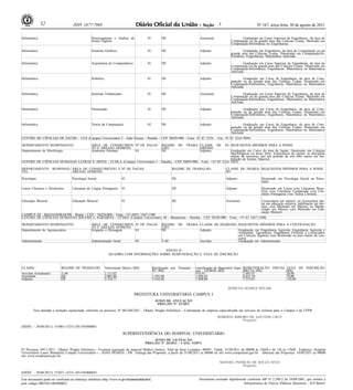 52                       ISSN 1677-7069                                                                                        3                        Nº 167, terça-feira, 30 de agosto de 2011


Informática                                         Processamento e Análise de                 01         DE                    Assistente                  Graduação em Curso Superior de Engenharia , da área de
                                                    Sinais Digitais                                                                                  Computação ou da grande área das Ciências Exatas. Mestrado em
                                                                                                                                                     Computação/Informática ou Engenharias.

Informática                                         Sistemas Gráficos                          01         DE                    Adjunto                      Graduação em Engenharia, da área de Computação ou da
                                                                                                                                                     grande área das Ciências Exatas. Doutorado em Computação/In-
                                                                                                                                                     formática, Engenharias, Matemática Aplicada.

Informática                                         Arquitetura de Computadores                01         DE                    Adjunto                      Graduação em Curso Superior de Engenharia, da área de
                                                                                                                                                     Computação ou da grande área das Ciências Exatas. Doutorado em
                                                                                                                                                     Computação/Informática, Engenharias, Matemática ou Matemática
                                                                                                                                                     Aplicada.

Informática                                         Robótica                                   01         DE                    Adjunto                      Graduação em Curso de Engenharia, da área de Com-
                                                                                                                                                     putação ou da grande área das Ciências Exatas. Doutorado em
                                                                                                                                                     Computação/Informática, Engenharia, Matemática ou Matemática
                                                                                                                                                     Aplicada.

Informática                                         Sistemas Embarcados                        01         DE                    Assistente                   Graduação em Curso Superior de Engenharia, da área de
                                                                                                                                                     Computação ou da grande área das Ciências Exatas. Mestrado em
                                                                                                                                                     Computação/Informática, Engenharias, Matemática ou Matemática
                                                                                                                                                     Aplicada.

Informática                                         Otimização                                 01         DE                    Adjunto                      Graduação em Curso de Engenharia, da área de Com-
                                                                                                                                                     putação ou da grande área das Ciências Exatas. Doutorado em
                                                                                                                                                     Computação/Informática, Engenharia, Matemática ou Matemática
                                                                                                                                                     Aplicada.

Informática                                         Teoria da Computação                       02         DE                    Adjunto                      Graduação em Curso de Engenharia, da área de Com-
                                                                                                                                                     putação ou da grande área das Ciências Exatas. Doutorado em
                                                                                                                                                     Computação/Informática, Engenharia, Matemática ou Matemática
                                                                                                                                                     Aplicada.
CENTRO DE CIÊNCIAS DE SAÚDE - CCS (Campus Universitário I - João Pessoa - Paraíba - CEP 58059-900 - Fone: 55 83 3216- - Fax: 55 83 3216-7094)

DEPARTAMENTO RESPONSÁVEL                            ÁREA DE CONHECIMEN- Nº DE VAGAS                       REGIME DE TRABA- CLASSE DE             IN- REQUISITOS MÍNIMOS PARA A POSSE
                                                    TO E ÁREA(S) AFIM(NS)                                 LHO              GRESSO
Departamento de Morfologia                          Anatomia Humana       01                              DE               Adjunto
                                                                                                                        Graduação em Curso da área da Saúde. Doutorado em Ciências
                                                                                                                        Morfológicas ou áreas afins. Experiência de ensino na disciplina
                                                                                                                        objeto do concurso, por um período de seis (06) meses em Ins-
                                                                                                                        tituição de Ensino Superior.
CENTRO DE CIÊNCIAS HUMANAS LETRAS E ARTES - CCHLA (Campus Universitário I - Paraíba - CEP 58059-900 - Fone: +55 83 3216 7463)

DEPARTAMENTO RESPONSÁ- ÁREA DE CONHECIMENTO E Nº DE VAGAS                                                       REGIME DE TRABALHO               CLASSE DE INGRES- REQUISITOS MÍNIMOS PARA A POSSE
VEL                    ÁREA(S) AFIM(NS)                                                                                                          SO

Psicologia                            Psicologia Social                    01                                   DE                               Adjunto                  Doutorado em Psicologia Social ou Psico-
                                                                                                                                                                          logia

Letras Clássicas e Vernáculos         Literatura de Língua Portuguesa      01                                   DE                               Adjunto                  Doutorado em Letras e/ou Literatura Brasi-
                                                                                                                                                                          leira e/ou Literatura Comparada e/ou Lite-
                                                                                                                                                                          ratura Portuguesa e/ou Teoria Literária.

Educação Musical                      Educação Musical                     01                                   DE                               Assistente               Licenciatura em música, ou licenciatura ple-
                                                                                                                                                                          na em educação artística, habilitação em mú-
                                                                                                                                                                          sica, com Mestrado em Música; ou Bacha-
                                                                                                                                                                          relado em Música com Mestrado em Edu-
                                                                                                                                                                          cação Musical.
CAMPUS III - BANANEIRAS/PB - Brasil - CEP - 58220-000 - Fone: +55 (083) 3367-1200
CENTRO DE CIÊNCIAS HUMANAS SOCIAIS E AGRÁRIAS - CCHSA (Campus Universitário III - Bananeiras - Paraíba - CEP 58220-000 - Fone: +55 83 3367-1200)

DEPARTAMENTO RESPONSÁVEL                            ÁREA DE CONHECIMEN- Nº DE VAGAS                       REGIME DE TRABA- CLASSE DE INGRESSO REQUISITOS MÍNIMOS PARA A CONTRATAÇÃO
                                                    TO E ÁREA(S) AFIM(NS)                                 LHO
Departamento de Agropecuária                        Irrigação e Drenagem  01                              DE               Adjunto            Graduação em Engenharia Agrícola, Engenharia Agrícola e
                                                                                                                                              Ambiental, Agronomia, Engenharia Florestal e Licenciados
                                                                                                                                              em Ciências Agrárias com Doutorado na área objeto do con-
                                                                                                                                              curso
Administração                                       Administração Geral               03                  T-40             Auxiliar           Graduação em Administração

                                                                                           ANEXO II
                                                                 QUADRO COM INFORMAÇÕES SOBRE REMUNERAÇÃO E TAXA DE INSCRIÇÃO


CLASSE                        REGIME DE TRABALHO               Vencimento Básico (R$)                Retribuição por Titulação - Gratificação de Magistério Supe- REMUNERAÇÃO INICIAL TAXA DE INSCRIÇÃO
                                                                                                     RT (R$)                     rior - GEMAS (R$)                BRUTA (R$)          (R$)
Auxiliar (Graduado)           T-40                             1.115,02                              -                           978,95                           2.093,97            30,00
Assistente                    DE                               2.001,86                              1.592,90                    1.056,83                         4.651,59            70,00
Adjunto                       DE                               2.318,71                              3.916,88                    1.098,08                         7.333,67            110,00

                                                                                                                                                   ROMULO SOARES POLARI
                                                                                    PREFEITURA UNIVERSITÁRIA CAMPUS I
                                                                                                      AVISO DE ANULAÇÃO
                                                                                                       PREGÃO Nº 23/2011
         Fica anulada a licitação supracitada, referente ao processo Nº 001284/2011 . Objeto: Pregão Eletrônico - Contratação de empresa especializada em serviços de reforma para o Campus I da UFPB
                                                                                                                                             ROBERTO RIBEIRO DE AZEVEDO CRUZ
                                                                                                                                                          Pregoeiro
(SIDEC - 29/08/2011) 153065-15231-2011NE000001

                                                                            SUPERINTENDÊNCIA DO HOSPITAL UNIVERSITÁRIO
                                                                                                 AVISO DE LICITAÇÃO
                                                                                             PREGÃO Nº 20/2011 - UASG 153071
Nº Processo: 0917-2011 . Objeto: Pregão Eletrônico - Eventual aquisição de material Médico (lentes). Total de Itens Licitados: 00059 . Edital: 31/08/2011 de 08h00 às 12h00 e de 13h às 17h00 . Endereço: Hospital
Universitário Lauro Wanderley Campus Universitário i - JOAO PESSOA - PB . Entrega das Propostas: a partir de 31/08/2011 às 08h00 no site www.comprasnet.gov.br. . Abertura das Propostas: 14/09/2011 às 09h00
site www.comprasnet.gov.br.
                                                                                                                                              MANOEL PATRICIO DE SOUZA NETO
                                                                                                                                                         Pregoeiro

(SIDEC - 29/08/2011) 153071-15231-2011NE800693

Este documento pode ser verificado no endereço eletrônico http://www.in.gov.br/autenticidade.html,                             Documento assinado digitalmente conforme MP n o 2.200-2 de 24/08/2001, que institui a
                                                                                                                                                                               -

pelo código 00032011083000052                                                                                                                               Infraestrutura de Chaves Públicas Brasileira - ICP-Brasil.
 