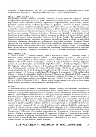 B.O. UFPE, RECIFE, 50 (013 ESPECIAL): 01 – 31 30 DE JANEIRO DE 2015. 28
trabalhador. 20. Resolução CFM nº 1605/2000 – responsabilidade do médico pelo sigilo da informação contida
no prontuário ou ficha médica. 21. Resolução CFM nº 1638/ 2002 – Define o prontuário Médico.
MÉDICO / ÁREA: PSIQUIATRIA
Psicopatologia. Delirium, demência, transtornos amnésticos e outros transtornos cognitivos. Aspectos
neuropsiquiátricos de infecção do HIV no SIDA. Transtornos relacionados ao uso de substâncias psicoativas.
Esquizofrenia. Outros transtornos psicóticos: esquizoafetivo, esquizofreniforme, psicótico breve, delirante
persistente, delirante induzido. Síndromes psiquiátricas do puerpério. Transtornos do humor. Transtorno
obsessivo-compulsivo e transtornos de hábitos e impulsos. Transtornos fóbicos-ansiosos: fobia específica, social
e agorafobia. Outros transtornos de ansiedade: transtorno de pânico, transtorno de ansiedade generalizada.
Transtornos somatoformes. Transtornos alimentares. Transtornos do sono. Transtornos de adaptação e transtorno
de estresse pós-traumático. Transtornos dissociativos. Transtornos da identidade e da preferência sexual.
Transtornos da personalidade. Transtornos factícios, simulação, não adesão ao tratamento. Retardo mental.
Transtornos do desenvolvimento psicológico. Transtornos de Déficit de Atenção e Hiperatividade (TDAH).
Transtornos comportamentais e emocionais que aparecem habitualmente durante a infância ou adolescência.
Transtornos psiquiátricos relacionados ao envelhecimento. Interconsulta psiquiátrica. Transtornos Mentais
causados por uma condição médica geral. Emergências psiquiátricas. Psicoterapias. Psicofarmacologia e
Psicofarmacoterapia. Eletroconvulsoterapia e outras terapias biológicas. Psiquiatria Forense: Responsabilidade
Penal e Capacidade Civil. Epidemiologia dos transtornos psiquiátricos. Diagnóstico Sindrômico e Diagnóstico
Nosológico em Psiquiatria. Classificação em Psiquiatria: CID-10 e DSM-IV-TR. Neuroimagem em Psiquiatria.
PRODUTOR CULTURAL
1. Noções de cultura. 2. Dimensões simbólica, cidadã e econômica da cultura. 3. Diversidade cultural. 4.
Patrimônio cultural: patrimônio material e imaterial. 5. Cadeias produtivas da cultura. 6. Bens e produtos
culturais. 7. Políticas públicas e políticas culturais. 8. Políticas culturais no Brasil. 9. Projetos culturais: 9.1.
Diferenças entre projetos culturais e outros tipos de projetos; 9ª Etapas e elementos de elaboração de projetos
culturais. 10. Áreas de atuação e responsabilidades do produtor cultural. 11. Viabilização de projetos culturais:
11.1. Captação e administração de recursos; 11.2. Produção executiva; 11.3. Seleção e organização de equipes;
11.4. Acompanhamento e avaliação de projetos. 12. Gestão cultural: 12.1. Gestão de eventos, projetos e
programas culturais; 12.2. Gestão de espaços e instituições culturais. 13. Marketing cultural: 13.1. Definições de
marketing cultural; 13.2. Composto mercadológico; 13.3. Estratégias de comunicação. 14. Sistema Nacional de
Cultura. 15. Sistema de Informação e Gestão de Projetos do Ministério da Educação (SIGPROJ): cadastro e
submissão de propostas. 16. Sistema de Gestão de Convênios e Contratos de Repasse do Governo Federal
(SICONV): credenciamento, cadastro e submissão de propostas. 17. Lei nº 12.343, de 2 de dezembro de 2010.
18. Lei nº 13.018, de 22 de julho de 2014. 19. Língua Inglesa: Compreensão de texto escrito em língua inglesa.
Itens gramaticais relevantes para a compreensão dos conteúdos semânticos.
QUÍMICO
1.Conhecimentos básicos de operação, funcionamento, limpeza e calibração de equipamentos, instrumentos e
vidrarias de uso rotineiro em laboratórios de Oceanografia Química. 2.Gerenciamento de resíduos e segurança em
laboratório. 3. Equipamento de proteção individual e coletivo utilizado em laboratório de análises químicas. 4.
Manuseio e armazenagem de produtos químicos. 5. Estocagem, destinação e tratamento de resíduos químicos. 6.
Substâncias químicas e propriedades periódicas dos elementos. 7. Ligações químicas e estruturas moleculares. 8.
Reações químicas e estequiometria. 9. Funções inorgânicas: ácidos, bases e sais (nomenclatura e fórmulas). 10.
Cinética química: velocidade das reações; fatores que influenciam a velocidade das reações. Equilíbrio químico:
constante de equilíbrio; equilíbrio ácido-base (cálculo de pH, solução tampão e solubilidade). 11. Compostos
orgânicos: estrutura e propriedades dos compostos de carbono e funções orgânicas. 12. Cálculos para preparação
e diluição de soluções: m/m, m/v, molar e quantidade de matéria (ppm, ppb e ppt). 13. Padronização de soluções.
14. Princípios básicos das técnicas de análise aplicadas na Oceanografia Química: - Potenciometria, Gravimetria,
Turbidimetria, - Titulometria, - Colorimetria e Espectrofotometria - Cromatografia – Espectrometria - Métodos
térmicos. Destilação e extração com solventes. 15. Algarismos significativos. Transformação de unidade.
Parâmetros analíticos de medições: reprodutibilidade, linearidade, precisão, exatidão, recuperação, limite de
detecção, limite de quantificação, desvio padrão. Amostragem. 16. Composição da água do mar; 17. Salinidade e
sistema carbonato; 18. Meio Ambiente, Saúde e Segurança.
 