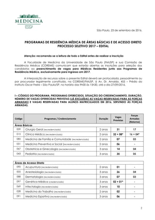 2
São Paulo, 23 de setembro de 2016.
PROGRAMAS DE RESIDÊNCIA MÉDICA DE ÁREAS BÁSICAS E DE ACESSO DIRETO
PROCESSO SELETIVO 2017 – EDITAL
Atenção: recomenda-se a leitura de todo o Edital antes de realizar a inscrição
A Faculdade de Medicina da Universidade de São Paulo (FMUSP) e sua Comissão de
Residência Médica (COREME) comunicam que estarão abertas as inscrições para seleção dos
candidatos ao preenchimento de vagas para Médicos Residentes junto aos Programas de
Residência Médica, exclusivamente para ingresso em 2017.
A interposição de recursos sobre o presente Edital deverá ser protocolada, pessoalmente ou
por procurador legalmente constituído, na COREME/FMUSP, à Av. Dr. Arnaldo, 455 – Prédio do
Instituto Oscar Freire – São Paulo/SP, no horário das 9h00 às 15h30, até o dia 27/09/2016.
I – CÓDIGO DO PROGRAMA, PROGRAMAS OFERECIDOS, SITUAÇÃO DO CREDENCIAMENTO, DURAÇÃO,
NÚMERO DE VAGAS OFERECIDAS PREVISTAS (JÁ EXCLUÍDAS AS VAGAS RESERVADAS PARA AS FORÇAS
ARMADAS) E VAGAS RESERVADAS PARA ALUNOS MATRICULADOS EM 2016, SERVINDO ÀS FORÇAS
ARMADAS.
Código Programas / Credenciamento Duração
Vagas
Previstas
Forças
Armadas
(Retorno)
Áreas Básicas
009 Cirurgia Geral (recredenciado) 2 anos 31 17
015 Clínica Médica (recredenciado) 2 anos 32 + 08* 16 + 04*
085 Medicina de Família e Comunidade (recredenciado) 2 anos 07 03
031 Medicina Preventiva e Social (recredenciado) 2 anos 06 -
067 Obstetrícia e Ginecologia (recredenciado) 3 anos 14 04
043 Pediatria (recredenciado) 3 anos 35 05
Áreas de Acesso Direto
090 Acupuntura (recredenciado) 2 anos 01 -
005 Anestesiologia (recredenciado) 3 anos 26 04
088 Dermatologia (recredenciado) 3 anos 07 03
097 Genética Médica (credenciado) 3 anos 02 + 01* -
069 Infectologia (recredenciado) 3 anos 10 -
028 Medicina do Trabalho (recredenciado) 2 anos 02 -
091 Medicina Esportiva (recredenciado) 3 anos 06 -
 
