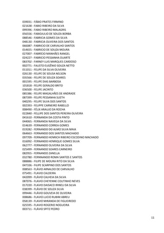 039031 - FÁBIO PRATES FIRMINO
021638 - FABIO RIBEIRO DA SILVA
099396 - FABIO RIBEIRO MALAGRIS
056556 - FABIOJULIO DE SOUZA BORBA
088546 - FABRICIA GOMES DA SILVA
048130 - FABRICIA OLIVEIRA DOS SANTOS
066087 - FABRICIO DE CARVALHO SANTOS
014655 - FABRICIO DE SOUZA MOURA
027007 - FABRÍCIO MANHÃES RANGEL
024227 - FABRICIO PESSANHA DUARTE
083702 - FARNEY LUIS MARQUES CARDOSO
002771 - FAUSTO EUGÊNIO SOUZA NETTO
011011 - FELIPE DA SILVA OLIVEIRA
026130 - FELIPE DE SOUSA NELSON
035566 - FELIPE DE SOUZA SOARES
001595 - FELIPE DIAS BARBOSA
101818 - FELIPE GERALDO BRITO
036500 - FELIPE JACINTO
085386 - FELIPE MAGALHÃES DE ANDRADE
087399 - FELIPE PESSANHA SUETH
040295 - FELIPE SILVA DOS SANTOS
002393 - FELIPPE CARNEIRO RABELLO
008490 - FÉLIX ARAUJO DA ROCHA
022840 - FELLIPE DOS SANTOS PEREIRA OLIVEIRA
041610 - FERNANDA DA COSTA PINTO
044065 - FERNANDA NAVEGA DA SILVA
014639 - FERNANDO CORREA GOMES
019282 - FERNANDO DO ALMO SILVA MAIA
064663 - FERNANDO DOS SANTOS MACHADO
097709 - FERNANDO HENRICH RIBEIRO ESCODINO MACHADO
016092 - FERNANDO HENRIQUE GOMES SILVA
062777 - FERNANDO OLIVEIRA DA SILVA
025499 - FERNANDO SOARES CARNEIRO
082955 - FERNANDO ZANELLA
032780 - FERNNANDO ROMA SANTOS E SANTOS
088886 - FILIPE DE MOURA RITO DA SILVA
047336 - FILIPE SCARPINO DOS SANTOS
008563 - FLÁVIO ARNALDO DE CARVALHO
075491 - FLAVIO CALDEIRA
042099 - FLÁVIO CALHEIA DA SILVA
087076 - FLAVIO CHEYENNE COUTINHO NEVES
017220 - FLAVIO DAISACO IRINEU DA SILVA
038399 - FLÁVIO DE SOUZA SILVA
099446 - FLÁVIO GOUVEIA DE OLIVEIRA
008686 - FLAVIO LUCIO RUBIM ABREU
058139 - FLAVIO MIRANDA DE FIGUEIREDO
025595 - FLAVIO ROGERIO NOGUEIRA
003711 - FLÁVIO SPITZ PEDRO

                                                     11
 