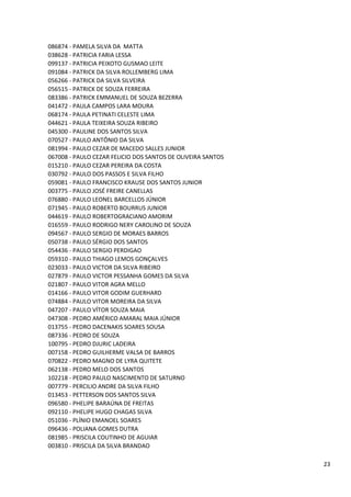 086874 - PAMELA SILVA DA MATTA
038628 - PATRICIA FARIA LESSA
099137 - PATRICIA PEIXOTO GUSMAO LEITE
091084 - PATRICK DA SILVA ROLLEMBERG LIMA
056266 - PATRICK DA SILVA SILVEIRA
056515 - PATRICK DE SOUZA FERREIRA
083386 - PATRICK EMMANUEL DE SOUZA BEZERRA
041472 - PAULA CAMPOS LARA MOURA
068174 - PAULA PETINATI CELESTE LIMA
044621 - PAULA TEIXEIRA SOUZA RIBEIRO
045300 - PAULINE DOS SANTOS SILVA
070527 - PAULO ANTÔNIO DA SILVA
081994 - PAULO CEZAR DE MACEDO SALLES JUNIOR
067008 - PAULO CEZAR FELICIO DOS SANTOS DE OLIVEIRA SANTOS
015210 - PAULO CEZAR PEREIRA DA COSTA
030792 - PAULO DOS PASSOS E SILVA FILHO
059081 - PAULO FRANCISCO KRAUSE DOS SANTOS JUNIOR
003775 - PAULO JOSÉ FREIRE CANELLAS
076880 - PAULO LEONEL BARCELLOS JÚNIOR
071945 - PAULO ROBERTO BOURRUS JUNIOR
044619 - PAULO ROBERTOGRACIANO AMORIM
016559 - PAULO RODRIGO NERY CAROLINO DE SOUZA
094567 - PAULO SERGIO DE MORAES BARROS
050738 - PAULO SÉRGIO DOS SANTOS
054436 - PAULO SERGIO PERDIGAO
059310 - PAULO THIAGO LEMOS GONÇALVES
023033 - PAULO VICTOR DA SILVA RIBEIRO
027879 - PAULO VICTOR PESSANHA GOMES DA SILVA
021807 - PAULO VITOR AGRA MELLO
014166 - PAULO VITOR GODIM GUERHARD
074884 - PAULO VITOR MOREIRA DA SILVA
047207 - PAULO VÍTOR SOUZA MAIA
047308 - PEDRO AMÉRICO AMARAL MAIA JÚNIOR
013755 - PEDRO DACENAKIS SOARES SOUSA
087336 - PEDRO DE SOUZA
100795 - PEDRO DJURIC LADEIRA
007158 - PEDRO GUILHERME VALSA DE BARROS
070822 - PEDRO MAGNO DE LYRA QUITETE
062138 - PEDRO MELO DOS SANTOS
102218 - PEDRO PAULO NASCIMENTO DE SATURNO
007779 - PERCILIO ANDRE DA SILVA FILHO
013453 - PETTERSON DOS SANTOS SILVA
096580 - PHELIPE BARAÚNA DE FREITAS
092110 - PHELIPE HUGO CHAGAS SILVA
051036 - PLÍNIO EMANOEL SOARES
096436 - POLIANA GOMES DUTRA
081985 - PRISCILA COUTINHO DE AGUIAR
003810 - PRISCILA DA SILVA BRANDAO

                                                             23
 