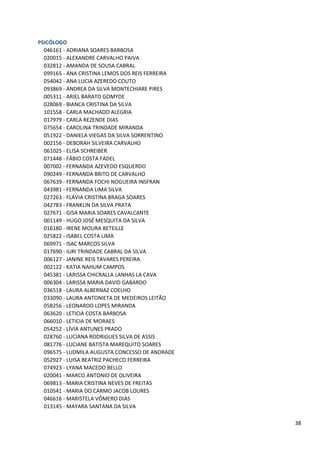 PSICÓLOGO
  046161 - ADRIANA SOARES BARBOSA
  020015 - ALEXANDRE CARVALHO PAIVA
  032812 - AMANDA DE SOUSA CABRAL
  099165 - ANA CRISTINA LEMOS DOS REIS FERREIRA
  054042 - ANA LUCIA AZEREDO COUTO
  093869 - ANDREA DA SILVA MONTECHIARE PIRES
  005311 - ARIEL BARATO GOMYDE
  028069 - BIANCA CRISTINA DA SILVA
  101558 - CARLA MACHADO ALEGRIA
  017979 - CARLA REZENDE DIAS
  075654 - CAROLINA TRINDADE MIRANDA
  051922 - DANIELA VIEGAS DA SILVA SORRENTINO
  002156 - DEBORAH SILVEIRA CARVALHO
  061025 - ELISA SCHREIBER
  071448 - FÁBIO COSTA FADEL
  007002 - FERNANDA AZEVEDO ESQUERDO
  090249 - FERNANDA BRITO DE CARVALHO
  067639 - FERNANDA FOCHI NOGUEIRA INSFRAN
  043981 - FERNANDA LIMA SILVA
  027263 - FLÁVIA CRISTINA BRAGA SOARES
  042783 - FRANKLIN DA SILVA PRATA
  027671 - GISA MARIA SOARES CAVALCANTE
  001149 - HUGO JOSÉ MESQUITA DA SILVA
  016180 - IRENE MOURA BETEILLE
  025822 - ISABEL COSTA LIMA
  069971 - ISAC MARCOS SILVA
  017690 - IURI TRINDADE CABRAL DA SILVA
  006127 - JANINE REIS TAVARES PEREIRA
  002122 - KATIA NAHUM CAMPOS
  045381 - LARISSA CHICRALLA LANHAS LA CAVA
  006304 - LARISSA MARIA DAVID GABARDO
  036518 - LAURA ALBERNAZ COELHO
  033090 - LAURA ANTONIETA DE MEDEIROS LEITÃO
  058256 - LEONARDO LOPES MIRANDA
  063620 - LETICIA COSTA BARBOSA
  066010 - LETICIA DE MORAES
  054252 - LÍVIA ANTUNES PRADO
  028760 - LUCIANA RODRIGUES SILVA DE ASSIS
  081776 - LUCIANE BATISTA MAREQUITO SOARES
  096575 - LUDMILA AUGUSTA CONCESSO DE ANDRADE
  052927 - LUISA BEATRIZ PACHECO FERREIRA
  074923 - LYANA MACEDO BELLO
  020041 - MARCO ANTONIO DE OLIVEIRA
  069813 - MARIA CRISTINA NEVES DE FREITAS
  010541 - MARIA DO CARMO JACOB LOURES
  046616 - MARISTELA VÔMERO DIAS
  013145 - MAYARA SANTANA DA SILVA

                                                  38
 