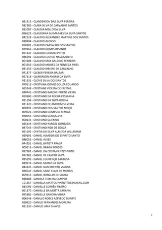 091415 - CLANDERSON DAS SILVA PEREIRA
012185 - CLARA SILVA DE CARVALHO SANTOS
022087 - CLAUDIA MELLO DA SILVA
096022 - CLAUDIANA GUIMARAES DA SILVA SANTOS
042528 - CLAUDIO ALEXANDRE MARTINS DOS SANTOS
028494 - CLAUDIO ALONSO
068181 - CLAUDIO CARVALHO DOS SANTOS
079266 - CLAUDIO GOMES RESENDE
071147 - CLAUDIO LUCIANO PINTO
036991 - CLAUDIO LUIZ DO NASCIMENTO
004204 - CLAUDIO MAX GALDINO FERREIRA
003556 - CLAUDIO MOISES DA FONSECA PIRES
031253 - CLAUDIO RIBEIRO DE CARVALHO
071877 - CLEBER PEREIRA BALTAR
067318 - CLEMERSON ANDREI DA SILVA
051931 - CLOVIS SILVA DOS SANTOS
079519 - CRISTIANA GOMES SOUZA EDUARDO
065248 - CRISTIANE VIDEIRA DE FREITAS
030745 - CRISTIANO BARONE PORTO VIEIRA
059180 - CRISTIANO DA ROCHA PESSANHA
021594 - CRISTIANO DA SILVA ROCHA
021220 - CRISTIANO DE AMORIM SILVEIRA
000291 - CRISTIANO DOS SANTOS MOÇO
009026 - CRISTIANO GOMES GEREMIAS
078055 - CRISTIANO GONÇALVES
000135 - CRISTIANO QUERINO
025134 - CRISTIANO RANGEL GONZAGA
047043 - CRISTIANO RIOS DE SOUZA
091695 - CYNTIA DA SILVA ALMEIDA WILLEMAM
029191 - DANIEL ALMEIDA DO ESPIRITO SANTO
086053 - DANIEL ALVES
044351 - DANIEL BATISTA FRAGA
009516 - DANIEL BRAGA BORGES
097902 - DANIEL DA COSTA HENTZY PINTO
072385 - DANIEL DE CASTRO SILVA
035999 - DANIEL LOURENÇO BARBOSA
039974 - DANIEL MUNIZ DA SILVA
044145 - DANIEL NASCIMENTO VIANNA
076047 - DANIEL SAINT CLAIR DE MORAIS
009316 - DANIEL WINGLER DE SOUZA
030188 - DANIELA TEIXEIRA CAMPOS
101557 - DANIELLA MATTOS PINTOTTOS@GMAIL.COM
013092 - DANIELLE CORRÊA RIBEIRO
061370 - DANIELLE DA MOTTA SARAIVA
075385 - DANIELLE GANDRA VIEIRA
066548 - DANILLO ROBES AZEVEDO DUARTE
050320 - DANILO FERNANDES MOREIRA
051630 - DANILO LIMA CHAVES

                                                7
 