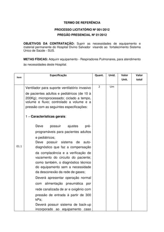 TERMO DE REFERÊNCIA

                             PROCESSO LICITATÓRIO Nº 001/2012
                               PREGÃO PRESENCIAL Nº 01/2012

       OBJETIVOS DA CONTRATAÇÃO: Suprir as necessidades de equipamento e
       material permanente do Hospital Divino Salvador visando ao fortalecimento Sistema
       Único de Saúde - SUS.

       METAS FÍSICAS: Adquirir equipamento - Respiradores Pulmonares, para atendimento
       às necessidades deste Hospital.


                         Especificação                    Quant.   Unid.   Valor    Valor
Item
                                                                           Unit.    total

        Ventilador para suporte ventilatório invasivo       2      Um

        de pacientes adultos e pediátricos (de 10 à
        200Kg); microprocessado; ciclado a tempo,
        volume e fluxo; controlado a volume e a
        pressão com as seguintes especificações:

        1 – Características gerais:
                    í

               Deve      possuir         ajustes   pré-
               programáveis para pacientes adultos
               e pediátricos;
               Deve possuir sistema de auto-
01.1           diagnóstico que faz a compensação
               da complacência e a verificação de
               vazamento do circuito do paciente;
               como também, o diagnóstico técnico
               do equipamento sem a necessidade
               da desconexão da rede de gases;
               Deverá apresentar operação normal
               com alimentação pneumática por
               rede canalizada de ar e oxigênio com
               pressão de entrada à partir de 300
               kPa;
               Deverá possuir sistema de back-up
               incorporado ao equipamento caso
 