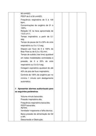 90 cmH2O;
      PEEP de 0 à 50 cmH2O;
      Frequência respiratória de 5 à 100
      bpm;
      Concentrações de oxigênio de 21 à
      100%;
      Relação I:E na faixa aproximada de
      1:9,5 a 4:1;
      Tempo inspiratório: a partir de 0,1
      seg;
      Tempo de pausa de 0 à 30% do ciclo
      respiratório ou 0 a 1,5 seg;
      Disparo por fluxo de 0 à 100% do
      Bias Flow ou de 0,3 a 15L/min;
      Tempo de subida (rise time) ajustável
      em todas modalidades controladas à
      pressão, de 0 a 20% do ciclo
      respiratório ou 0 à 0,4 seg;
      Ciclagem expiratória ajustável de até
      45% do pico de fluxo inspiratório;
      Controle de 100% de oxigênio por no
      mínimo 1 minuto com desligamento
      automático;


4 - Apresentar alarmes audiovisuais para
                 â
os seguintes parâmetros:

      Volume minuto baixo/alto;
      Pressão inspiratória alta;
      Frequência respiratória baixa/alta;
      PEEP baixa/alta;
      Apneia;
      Ventilador inoperante e falha técnica;
      Baixa pressão de alimentação de O2
      e AR;
      Desconexão e Obstrução;
 