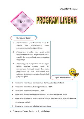 Created By Witriana
1 | P r o g r a m L i n e a r B e r b a s i s K o n t e k s t u a l
BAB
II
1.1 Mendeskripsikan pertidaksamaan linear dua
variable dan menerapkannya dalam
pemecahan masalah program linear.
1.2 Menerapkan prosedur yang sesuai untuk
menyelesaikan masalah program linear terkait
masalah dan menganalisis kebenaran langkah-
langkahnya.
1.3 Merancang dan mengajukan masalah nyata
berupa masalah program linear dan
menerapkann berbagai konsep dan aturan
penyelesaian SPL dan menentukan nilai
optimum dengan menggunakan fungsi selidik
yang ditetapkan.
Kompotensi Dasar
Tujuan Pembelajaran
1. Siswa dapat menyatakan masalah sehari-hari ke dalam bentuk SPLDV
2. Siswa dapat menentukan daerah penyelesaian SPLDV
3. Siswa dapat memahami komponen SPLDV
4. Siswa dapat merumuskan model matematika dari aplikatif program linear
5. Siswa dapat menentukan nilai optimum dari fungsi obkjektif dengan menggunakan titik
pojok dan garis selidik
6. Siswa dapat menafsirkan solusi dari program linear
 