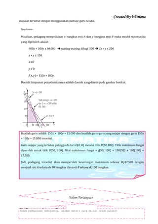 Created By Witriana
28 | P r o g r a m L i n e a r B e r b a s i s K o n t e k s t u a l
masalah tersebut dengan menggunakan metode garis selidik.
Penyelesaian :
Misalkan, pedagang menyediakan x bungkus roti A dan y bungkus roti B maka model matematika
yang diperoleh adalah
600x + 300y ≤ 60.000  masing-masing dibagi 300  2x + y ≤ 200
x + y ≤ 150
x ≥0
y ≥ 0
f(x, y)= 150x + 100y
Daerah himpunan penyelesaiannya adalah daerah yang diarsir pada gambar berikut.
Buatlah garis selidik 150x + 100y = 15.000 dan buatlah garis-garis yang sejajar dengan garis 150x
+ 100y = 15.000 tersebut.
Garis sejajar yang terletak paling jauh dari O(0, 0) melalui titik B(50,100). Titik maksimum fungsi
diperoleh untuk titik B(50, 100). Nilai maksimum fungsi = f(50, 100) = 150(50) + 100(100) =
17.500.
Jadi, pedagang tersebut akan memperoleh keuntungan maksimum sebesar Rp17.500 dengan
menjual roti A sebanyak 50 bungkus dan roti B sebanyak 100 bungkus.
Kolom Pertanyaan
Dalam pembahasan sebelumnya, adakah materi yang kalian belum pahami?
 