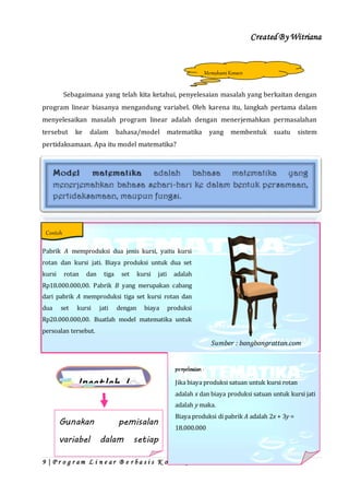 Created By Witriana
9 | P r o g r a m L i n e a r B e r b a s i s K o n t e k s t u a l
Sebagaimana yang telah kita ketahui, penyelesaian masalah yang berkaitan dengan
program linear biasanya mengandung variabel. Oleh karena itu, langkah pertama dalam
menyelesaikan masalah program linear adalah dengan menerjemahkan permasalahan
tersebut ke dalam bahasa/model matematika yang membentuk suatu sistem
pertidaksamaan. Apa itu model matematika?
Pabrik A memproduksi dua jenis kursi, yaitu kursi
rotan dan kursi jati. Biaya produksi untuk dua set
kursi rotan dan tiga set kursi jati adalah
Rp18.000.000,00. Pabrik B yang merupakan cabang
dari pabrik A memproduksi tiga set kursi rotan dan
dua set kursi jati dengan biaya produksi
Rp20.000.000,00. Buatlah model matematika untuk
persoalan tersebut.
Sumber : bangbangrattan.com
penyelesaian :
Jika biaya produksi satuan untuk kursi rotan
adalah x dan biaya produksi satuan untuk kursi jati
adalah y maka.
Biaya produksi di pabrik A adalah 2x + 3y =
18.000.000
MemahamiKonsep
Gunakan pemisalan
variabel dalam setiap
pembuatan model
matematika
Ingatlah !
Contoh
 