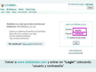 Volver a  www.slideshare.com  y entrar en  “Login”  colocando “usuario y contraseña” 