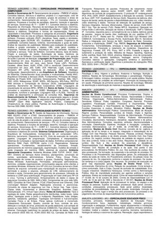 13
TÉCNICO JUDICIÁRIO – TPJ – ESPECIALIDADE PROGRAMADOR DE
COMPUTADOR
Gestão e Governança de TI: Gerenciamento de projetos – PMBOK 4ª edição.
Conceitos básicos, estrutura e objetivos; projetos e a organização; ciclo de
vida de projeto e de produto; processos, grupos de processo e áreas de
conhecimento. Gerenciamento de serviços – ITIL v3. Conceitos básicos e
objetivos. Processos e funções de estratégia, desenho, transição e operação
de serviços. Governança de TI – COBIT 4.1. Conceitos básicos e objetivos.
Requisitos da informação. Recursos de tecnologia da informação. Domínios,
processos e objetivos de controle. Qualidade de software – CMMI. Conceitos
básicos e objetivos. Disciplinas e formas de representação. Níveis de
capacidade e maturidade. Processos e categorias de processos. Engenharia
de Software: Ciclo de vida do software. Metodologias de desenvolvimento de
software. Processo unificado (RUP): disciplinas, fases, papéis e atividades.
Metodologias ágeis (SCRUM, XP). Qualidade de software. Engenharia de
usabilidade. Conceitos básicos. Critérios, recomendações e guias de estilo.
Análise de requisitos de usabilidade. Métodos para avaliação de usabilidade.
Análise e projeto orientados a objetos. UML: visão geral, modelos e
diagramas. Padrões de projeto. Arquitetura em três camadas. Arquitetura
orientada a serviços. Teste de Software. Conceitos básicos, tipos de testes.
Projeto e execução de testes. Automação de testes. Gerência de
Configuração de Software. Conceitos básicos, branches, tags, trunk, geração
de builds e pacotes de liberação. Linguagem de Programação Java: Projeto
de Sistemas em Java. Arquitetura e padrões de projeto J2EE e J2SE.
Desenvolvimento Web em Java. Java Server Faces (JSF), Richfaces,
Facelets, JBoss Seam, AJAX, HTML, CSS e JavaScript. Desenvolvimento
Corporativo em Java. JEE, EJB3, JCA, Hibernate, Log4j, Lucene, Java
Persistent API (JPA). Servidores de Aplicação. JBoss e Weblogic:
configuração, desenvolvimento e uso.Arquitetura de Software: Arquitetura
de Sistemas. Cliente/Servidor duas camadas e multicamadas. Padrão MVC.
Arquitetura Orientada a Serviços (SOA). Fundamentos, Princípios de Design,
Padrões de Projeto SOA, Contratos, Versionamento. Padrões: XML, XSLT,
XSD, UDDI, Webservices, SOAP, WSDL, WS-Secutiry, WS-Policy, RESTful
Web services e Composição de Serviços (SCA). Interoperabilidade de
sistemas. Barramento de Serviços Corporativos (ESB). Linguagens de
orquestração de serviços BPEL, BPMN 2.0. Banco de Dados: Fundamentos.
Conceitos e arquitetura de um SGBD. Modelagem de Dados. Triggers,
procedures, functions e packages. Linguagens SQL e PL/SQL. Técnicas de
análise de desempenho e otimização de consultas SQL. Segurança no
Desenvolvimento de Software: Práticas de programação segura e revisão
de código. Controles e testes de segurança para aplicações web. Projeto
OWASP (Open Web Application Security Project). Criptografia e
infraestrutrura de chave pública. Padrões de Autenticação e Autorização.
Normas SSE-CMM, ISO/IEC 15408
TÉCNICO JUDICIÁRIO – TPJ – ESPECIALIDADE SUPORTE TÉCNICO
Gestão e Governança de TI: Gestão de Segurança da Informação. Normas
NBR ISO/IEC 27001 e 27002. Gerenciamento de projetos – PMBOK 4ª
edição. Conceitos básicos, estrutura e objetivos; projetos e a organização;
ciclo de vida de projeto e de produto; processos, grupos de processo e áreas
de conhecimento. Gerenciamento de serviços – ITIL v3. Conceitos básicos e
objetivos. Processos e funções de estratégia, desenho, transição e operação
de serviços. Governança de TI – COBIT 4.1. Conceitos básicos e objetivos.
Requisitos da informação. Recursos de tecnologia da informação. Domínios,
processos e objetivos de controle. Sistemas Computacionais: Organização e
Arquitetura de Computadores. Componentes de um computador: CPU,
Memória, barramento, Dispositivos de E/S. Ciclo de execução de instrução,
pipeline. Linguagem de programação. Compiladores e interpretadores.
Sistemas de numeração e representação de dados. Aritmética computacional.
Memória RAM, Flash, EEPROM, cache L1/L2. Registradores. Sistemas
operacionais. Fundamentos, escalonamento de processos, threads,
gerenciamento de memória (paginação, segmentação), modelos de entrada e
saída (mapeada em memória, DMA), sistemas de arquivos. Ambiente
Operacional Corporativo: Ambiente Windows 2008 TCP/IP, DHCP, DNS,
NAT. Diretório de Serviços Active Directory, planejamento, convenção de
nomes, autoridades administrativas, Schema Policy, Group Policy.
Administração de contas de usuários e grupos. Clustering. Segurança em
Redes Windows: Autenticação, Permissões, atribuições administrativas,
domínios, unidades organizacionais, comunicações seguras entre clientes e
servidores Windows. Ambiente Unix HP-UX/Linux Conceitos de kernel e Shell.
Sistema de arquivos: comandos para manipulação de arquivos e diretórios,
permissão e acesso a arquivos, utilização de LVM, redirecionamento de
entrada e saída. Comandos para gerenciamento de processos. Utilização de
kerberos e LDAP para autenticação. Programação em bash shell para HP-UX
e Linux. Tunning e performance. Armazenamento de dados e cópias de
segurança Conceitos de DAS, SAN e NAS. Componentes de uma rede SAN.
RAID. Conceitos de Fibre Channel, FCoE (FiberChannel over Ethernet), CNA
(Converged Network Adapter). Replicações síncronas e assíncronas.
Conceitos de cópias de segurança Lan free e Server free. Tape Library.
Cópias totais, incrementais e diferenciais. SnapShot, Business Copy,
Desduplicação, VTL (Virtual Tape Library). Redes de Computadores: Tipos e
topologia de redes. Redes geograficamente distribuídas, redes locais, redes
adhoc, topologias ponto a ponto e multiponto. Repetidores, hubs, bridges,
switches, roteadores, gateways. Topologias full-meshed e hub-and-spoke.
Camadas Física e de Enlace. Fibras ópticas multimodo e monomodo.
Cabeamento Estruturado. Quadro, controle de fluxo, controle de erro,
detecção e correção de erros, protocolos de janela deslizante, sub-camada de
acesso ao meio (MAC), Protocolo Ethernet (CSMA/CD). Fast ethernet. Gigabit
ethernet. Comutação (switching) na camada de enlace de dados. Spanning
tree protocol (IEEE 802.1d). VLAN (IEEE 802.1Q). Camadas de Rede e de
Transporte. Roteamento de pacotes. Protocolos de roteamento: menor
caminho; flooding; distance vector; EIGRP, OSPF, BGP, RIP, VRRP.
Algoritmos de controle de congestionamento. O protocolo IP: endereçamento
IPv4, IPv6, CIDR, DHCP. Estabelecimento e liberação de conexão. Controle
de fluxo; UDP; TCP. Qualidade de Serviço (QoS). Requisitos de latência, jitter,
largura de banda, perda de pacote e disponibilidade para voz, vídeo interativo,
video streaming e dados. Técnicas de obtenção de qualidade de serviço,
Serviços integrados, Serviços diferenciados, Classe de serviço (CoS) IEEE-
802.1 Q/p, Tipo de serviço (ToS). Redes MPLS. Arquitetura. Operação em
frame-mode e cell-mode, alocação de rótulos e distribuição. VolP e Telefonia
IP. Conceitos, requisitos para a convergência de voz e dados, latência; perda
de pacotes, largura de banda, jitter, codificação de voz, padrões G711 e
G729-A do ITU-T. Redes sem fio. Padrão IEEE 802.11g/n Wireless LAN.
CSMA/CA. Controladores e Access Points. Autenticação 802.1X, Servidores
Radius e Integração com Serviço de NAC. Gerência de Rede. Conceitos,
protocolos e implantação. SNMP, Trap, RMON. Segurança da Informação:
Fundamentos. Vulnerabilidades, ameaças e riscos de ataques a sistemas
computacionais. Prevenção e tratamento de incidentes. Dispositivos de
Segurança. Firewall, IDS, IPS, Proxy, NAT e VPN. Firewalls e regras de
isolamento e proteção de redes. Métodos de Ataque. Spoofing, hijacking,
buffer overflow, flood, DoS, DDoS, phishing. Malwares: vírus de computador,
cavalo de tróia, spyware, backdoors, keylogger, worms. Criptografia.
Conceitos básicos e aplicações. Criptografia simétrica e assimétrica.
Assinatura e certificação digital. Algoritmos e protocolos de criptografia: RSA,
DES, 3DES, SHA 1, PKCS#7, AES.
TÉCNICO JUDICIÁRIO – TPJ – ESPECIALIDADE TÉCNICO EM
ENFERMAGEM
Psicologia e ética. Higiene e profilaxia. Anatomia e fisiologia. Nutrição e
dietética. Noções de farmacologia. Microbiologia e parasitologia. Patologia.
Enfermagem médica, cirúrgica, neuropsiquiátrica e em saúde pública. Noções
de administração de unidades de enfermagem. Promoção da biossegurança
em saúde. Prestação de primeiros socorros. Noções de toxicologia. Métodos
de desinfecção e esterilização de materiais e equipamentos de saúde.
ANALISTA JUDICIÁRIO – APJ – ESPECIALIDADE JUDICIÁRIA E
ADMINISTRATIVA
Noções de Direito Constitucional: Princípios Fundamentais. Direitos e
Deveres Individuais e Coletivos. Direitos Sociais. Nacionalidade e Direitos
Políticos. Organização Político-Administrativa. Administração Pública.
Servidores Públicos. Poder Legislativo. Congresso Nacional. Processo
Legislativo. Fiscalização Contábil, Financeira e Orçamentária. Poder
Executivo. Presidente e Vice-Presidente da República. Poder Judiciário.
Funções Essenciais à Justiça: Ministério Público. Noções de Direito
Administrativo: Administração Pública: Características. Modo de Atuação.
Regime Jurídico. Personalidade Jurídica do Estado, Órgão e Agentes.
Serviços Públicos. Responsabilidade. Controle da Administração. Princípios
Constitucionais da Administração Pública. Poderes Administrativos:
vinculados, discricionário, hierárquico, disciplinar, regulamentar e de polícia.
Atos Administrativos: Conceitos, requisitos, atributos, discricionariedade e
vinculação. Classificação. Espécies. Anulação e revogação. Licitações e
Contratos Administrativos: Lei nº 8.666, de 21/06/1993 e alterações
posteriores. Noções de Direito Civil: Doutrina: conceito de lei: vigência e
aplicação da lei no tempo e no espaço; integração e interpretação da lei.
Código Civil: Das Pessoas: Pessoas Naturais. Pessoas Jurídicas: Pessoas
Jurídicas de direito público e de direito privado. Domicílio Civil. Dos Fatos
Jurídicos: Do negócio Jurídico: Requisitos de validade do negócio Jurídico:
Dos atos jurídicos: lícitos e dos atos ilícitos. Requisitos de validade do ato
jurídico. Ato Nulo e Ato anulável. Da prescrição e decadência.
Responsabilidade Civil. Noções de Direito Processual Civil: Código de
Processo Civil: Noções de Jurisdição e da ação. Das partes e dos
procuradores. Do Ministério Público. Do Juiz. Dos auxiliares da Justiça. Dos
atos processuais. Da formação, da suspensão e da extinção do processo. Do
Proce3sso e do Procedimento: das disposições gerais. Da antecipação dos
efeitos da tutela de mérito. Do Procedimento ordinário: Da petição inicial. Da
resposta do réu. Do julgamento conforme o estado do processo. Da revelia.
Da sentença e a coisa julgada. Dos recursos. Do processo de execução em
geral: Das disposições gerais. Noções de Direito Penal: Crime e
contravenção. Elementos do crime. Relação de causalidade. Crime tentado e
crime consumado. Dolo e Culpa. Causas de exclusão de culpabilidade. Erro.
Coação irresistível. Obediência hierárquica. Crimes contra a Administração
Pública. Atos de improbidade praticados por agentes públicos e sanções
aplicáveis. Efeitos da condenação penal. Crime de responsabilidade fiscal (Lei
nº 10.028, de 10 de outubro de 2000). Crimes de responsabilidade (Lei nº
1.079, de 10 de abril de 1950 e Decreto-lei nº 201/67). Noções de Direito
Processual Penal: Aplicação da lei processual no tempo, no espaço e em
relação às pessoas. Sujeitos da relação processual. Ação penal: conceito,
condições, pressupostos processuais. Ação penal pública: titularidade,
condições de procedibilidade. Ação penal privada: titularidade. Extinção da
punibilidade. Forma, lugar e tempo dos atos processuais. Do processo e do
julgamento dos crimes de responsabilidade dos funcionários públicos.
ANALISTA JUDICIÁRIO – APJ – ESPECIALIDADE EDUCADOR FÍSICO
Conceitos, princípios, finalidades e objetivos da Educação Física.
Condicionamento físico, legislação, metodologia, métodos gímnicos,
organização e pedagogia. Fundamentos, regras equipamentos e instalações
utilizadas nos esportes: atletismo, basquetebol, ginástica olímpica (artística),
handebol, futebol e voleibol. Conceitos: anatomia, biometria, biomecânica,
fisiologia do esforço e socorros de urgência. Recreação: Jogos espontâneos e
 