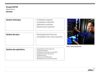 Gestion technique Installation logiciels
Installation matériels
Opérations système
Maintenance système
Gestion des jeux Développement des jeux
Compilation des cotes sportives
Gestion des opérations Acquisition de licences et
Investissements
Analyses financières et Audits
Programmes de Business
Development
Ventes et Distribution
Marketing et Communication
EDITEC – Services opérationnels
Groupe EDITEC
Opérations
Services
 