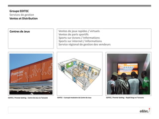 Centres de Jeux Ventes de jeux rapides / virtuels
Ventes de paris sportifs
Sports sur écrans / Informations
Sports sur internet / Informations
Service régional de gestion des vendeurs
EDITEC / Premier betting – Centre de Jeux en Tanzanie EDITEC – Concept modulaire de Centre de Jeux EDITEC / Premier betting – Rapid bingo en Tanzanie
Groupe EDITEC
Services de gestion
Ventes et Distribution
 