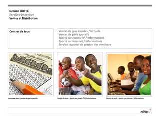 Centres de Jeux Ventes de jeux rapides / virtuels
Ventes de paris sportifs
Sports sur écrans TV / Informations
Sports sur internet / Informations
Service régional de gestion des vendeurs
Centre de Jeux – Ventes de paris sportifs Centre de Jeux – Sports sur écrans TV / Informations Centre de Jeux – Sports sur internet / Informations
Groupe EDITEC
Services de gestion
Ventes et Distribution
 