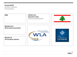 Groupe EDITEC
Structure / Bureaux
et Associations
2008 EDITEC S.A.L
Beyrouth / Liban
Services Investissement
Membre de
The European Lotteries
Membre de la
World Lottery Association
 