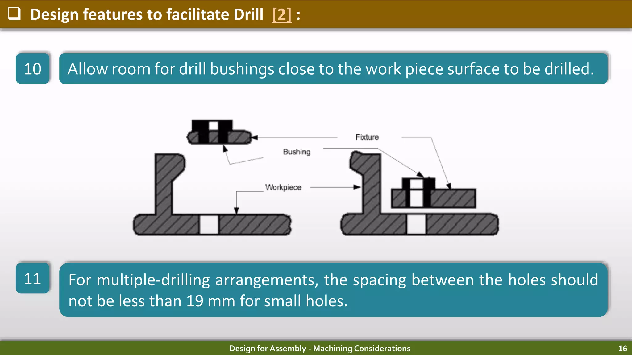 Design for Assembly - Machining Considerations 16
 Design features to facilitate Drill [2] :
10 Allow room for drill bushings close to the work piece surface to be drilled.
11 For multiple-drilling arrangements, the spacing between the holes should
not be less than 19 mm for small holes.
 