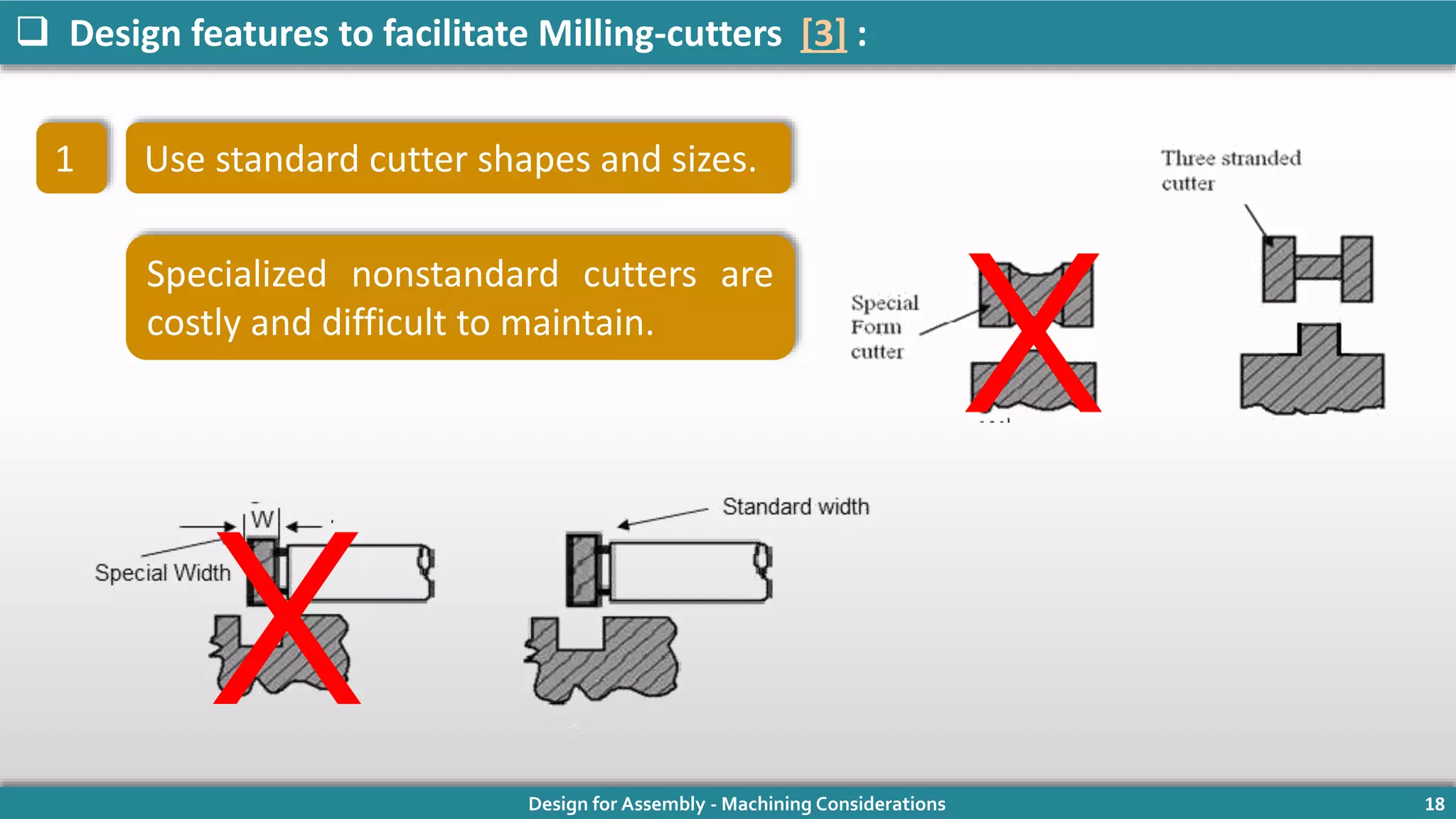 Design for Assembly - Machining Considerations 18
 Design features to facilitate Milling-cutters [3] :
1 Use standard cutter shapes and sizes.
Specialized nonstandard cutters are
costly and difficult to maintain.
X
X
 