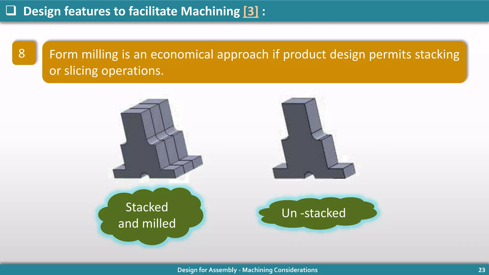 Design for Assembly - Machining Considerations 23
 Design features to facilitate Machining [3] :
8 Form milling is an economical approach if product design permits stacking
or slicing operations.
Stacked
and milled
Un -stacked
 