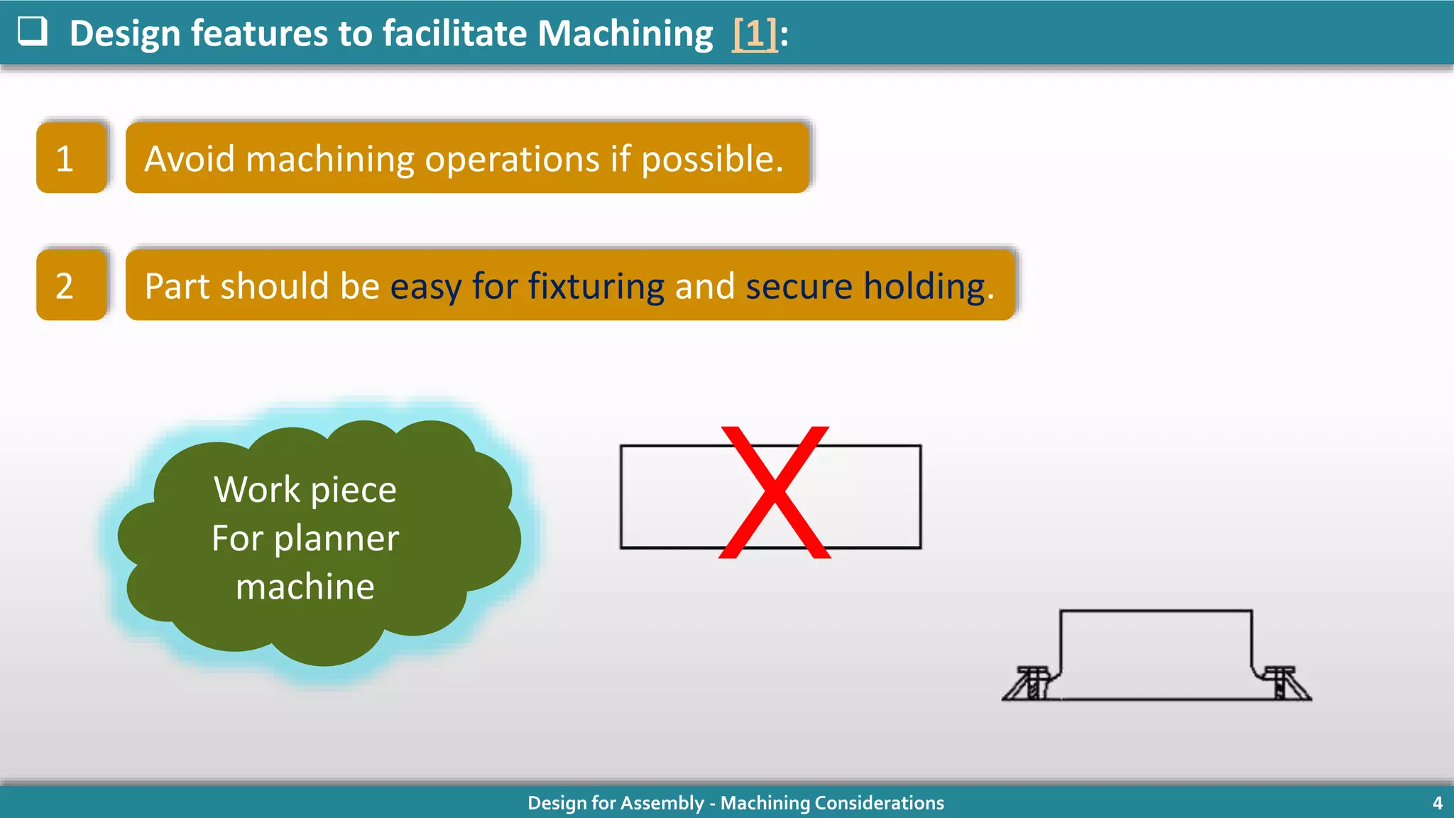 Design for Assembly - Machining Considerations 4
 Design features to facilitate Machining [1]:
1 Avoid machining operations if possible.
2 Part should be easy for fixturing and secure holding.
Work piece
For planner
machine
X
 