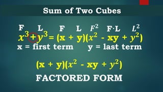Sum of Two Cubes
𝒙 𝟑
+𝒚 𝟑
= (x + y)(𝒙 𝟐
- xy + 𝒚 𝟐
)
x = first term
F
y = last term
L F L 𝑳 𝟐𝑭 𝟐
F·L
(x + y)(𝒙 𝟐
- xy + 𝒚 𝟐
)
FACTORED FORM
 