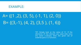 EXAMPLE:
A= {(1 ,2), (3, 5), (-1, 1), (2, 0)}
B= {(3,-1), (4, 2), (3,5 ), (1, 6)}
TIP: Simply look at the value of x. If the
elements of the domain are used only once
(no same x-values), then the given set of
ordered pairs is a function.
 