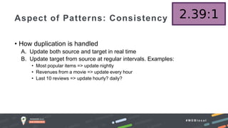 # M D B l o c a l
• How duplication is handled
A. Update both source and target in real time
B. Update target from source at regular intervals. Examples:
• Most popular items => update nightly
• Revenues from a movie => update every hour
• Last 10 reviews => update hourly? daily?
Aspect of Patterns: Consistency
 