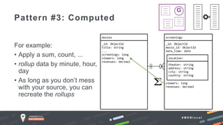 # M D B l o c a l
For example:
• Apply a sum, count, ...
• rollup data by minute, hour,
day
• As long as you don’t mess
with your source, you can
recreate the rollups
Pattern #3: Computed
 