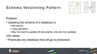 # M D B l o c a l
Problem:
• Updating the schema of a database is:
• Not atomic
• Long operation
• May not want to update all documents, only do it on updates
Use cases:
• Practically any database that will go to production
Schema Versioning Pattern
 