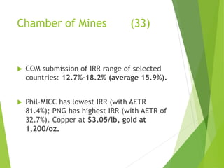 Chamber of Mines (33) 
 COM submission of IRR range of selected 
countries: 12.7%-18.2% (average 15.9%). 
 Phil-MICC has lowest IRR (with AETR 
81.4%); PNG has highest IRR (with AETR of 
32.7%). Copper at $3.05/lb, gold at 
1,200/oz. 
 