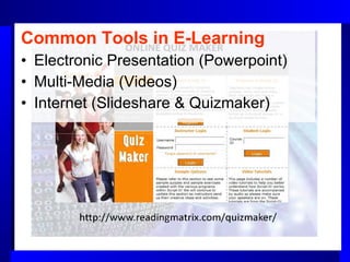 Common Tools in E-Learning   Electronic Presentation (Powerpoint) Multi-Media (Videos) Internet (Slideshare & Quizmaker) 