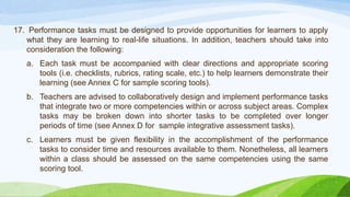 17. Performance tasks must be designed to provide opportunities for learners to apply
what they are learning to real-life situations. In addition, teachers should take into
consideration the following:
a. Each task must be accompanied with clear directions and appropriate scoring
tools (i.e. checklists, rubrics, rating scale, etc.) to help learners demonstrate their
learning (see Annex C for sample scoring tools).
b. Teachers are advised to collaboratively design and implement performance tasks
that integrate two or more competencies within or across subject areas. Complex
tasks may be broken down into shorter tasks to be completed over longer
periods of time (see Annex D for sample integrative assessment tasks).
c. Learners must be given flexibility in the accomplishment of the performance
tasks to consider time and resources available to them. Nonetheless, all learners
within a class should be assessed on the same competencies using the same
scoring tool.
 