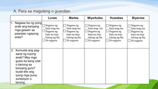 A. Para sa magulang o guardian
Lunes Martes Miyerkules Huwebes Biyernes
1. Nagawa ba ng iyong
anak ang kanyang
mga gawain sa
paaralan ngayong
araw?
Nagawa ng
bata mag-isa
Nagawa ng
bata na may
tulong ng iba
Di-nagawa
Nagawa ng
bata mag-isa
Nagawa ng
bata na may
tulong ng iba
Di-nagawa
Nagawa ng
bata mag- isa
Nagawa ng
bata na may
tulong ng iba
Di-nagawa
Nagawa ng
bata mag-isa
Nagawa ng
bata na may
tulong ng iba
Di-nagawa
Nagawa ng
bata mag-isa
Nagawa ng
bata na may
tulong ng iba
Di-nagawa
2. Kumusta ang pag-
aaral ng inyong
anak? May mga
gusto ka bang iulat
o itanong sa
kanyang guro?
Isulat dito ang
iyong mga puna,
suhestyon o
tanong.
 