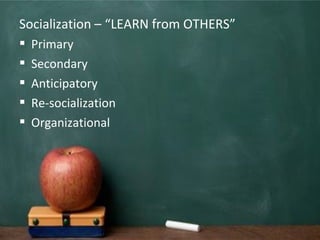 Socialization – “LEARN from OTHERS”
 Primary
 Secondary
 Anticipatory
 Re-socialization
 Organizational
 