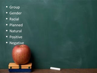  Group
 Gender
 Racial
 Planned
 Natural
 Positive
 Negative
 