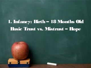1. Infancy: Birth – 18 Months Old
Basic Trust vs. Mistrust – Hope
 