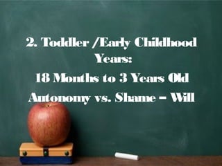 2. Toddler/Early Childhood
Years:
18 Months to 3 Years Old
Autonomy vs. Shame – Will
 